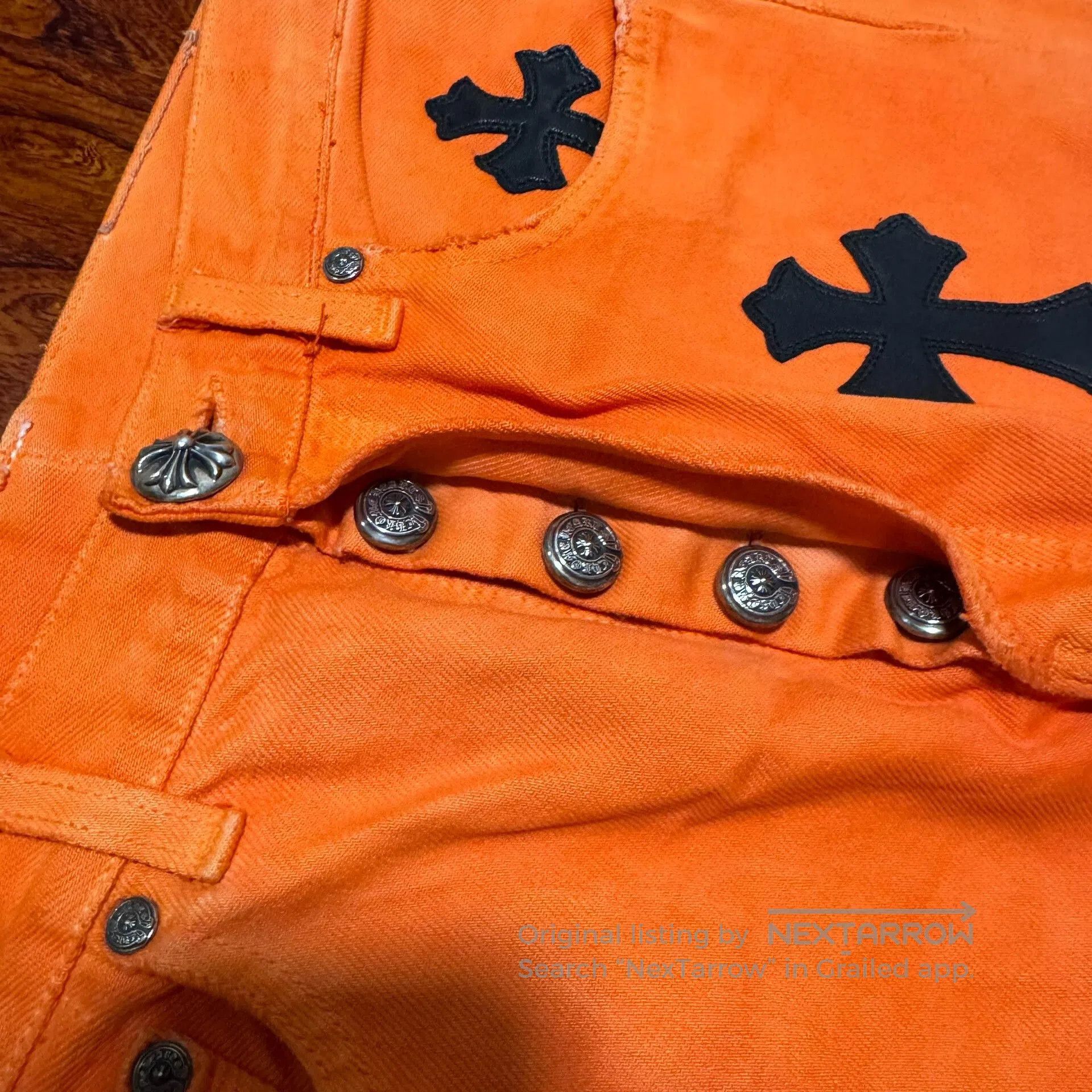 Chrome Hearts orange flared jeans with black crosses. Size 28" / US 6 / IT 42 - 3 Thumbnail
