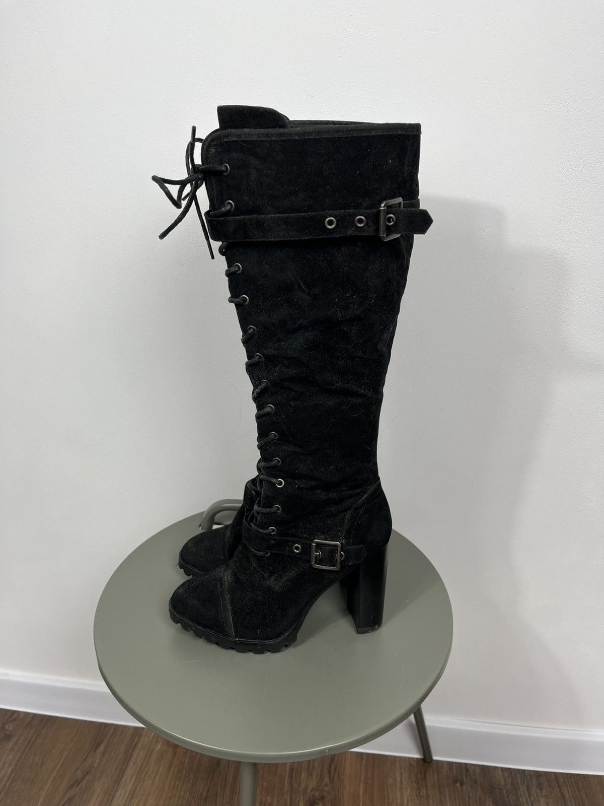 Other Black Suede Knee High Lace Up Platform Heeled Boots US 9 Size US 9 / IT 39 - 7 Thumbnail