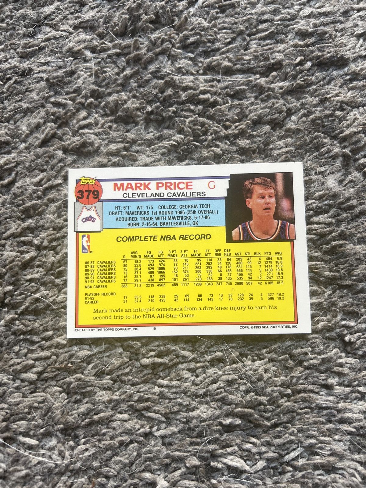 NBA 1993 Topps #379 Mark Price Card Size ONE SIZE - 2 Thumbnail