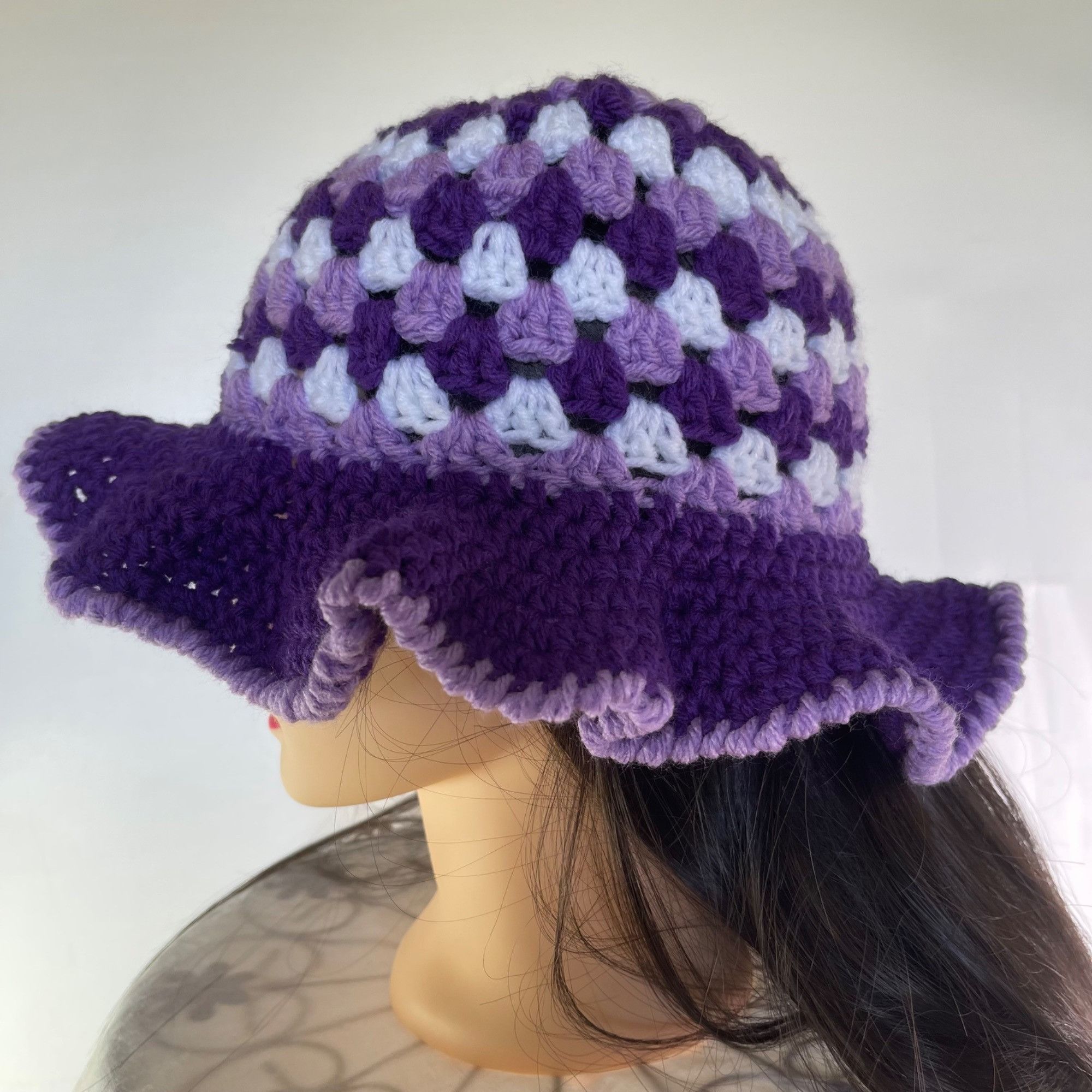 Handmade Crochet Bucket Hat Granny Square Pattern Purple Lavender Whi Size ONE SIZE - 3 Thumbnail