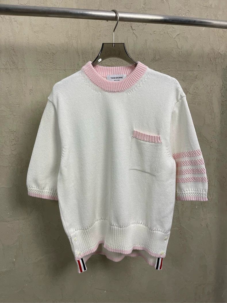 Thom Browne Thom Browne White and pink four-striped knitted short-sleev Size M / US 6-8 / IT 42-44 - 2 Thumbnail