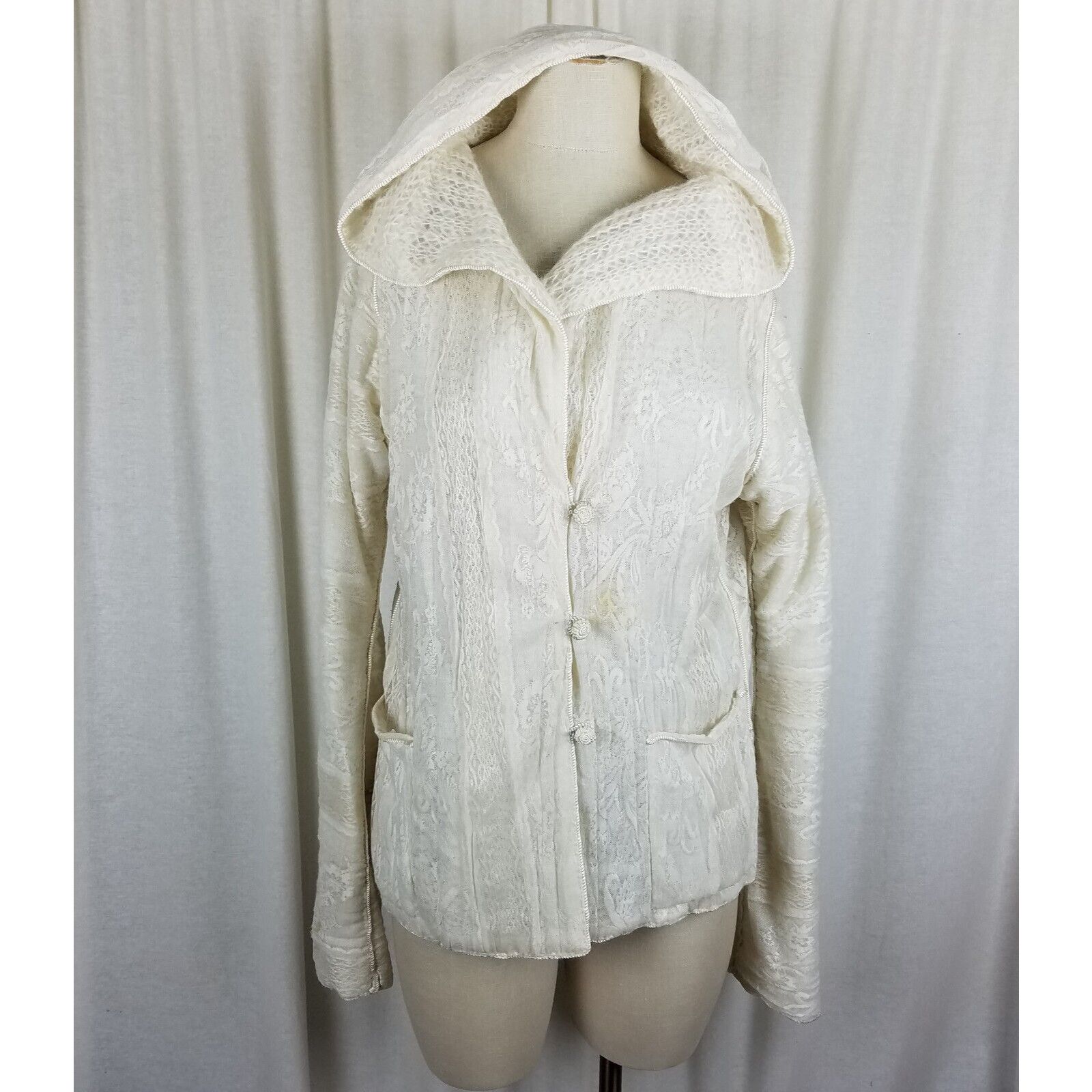 Vtg Reversible Knit Lace 50s Hooded Cardigan Sweater Jacket