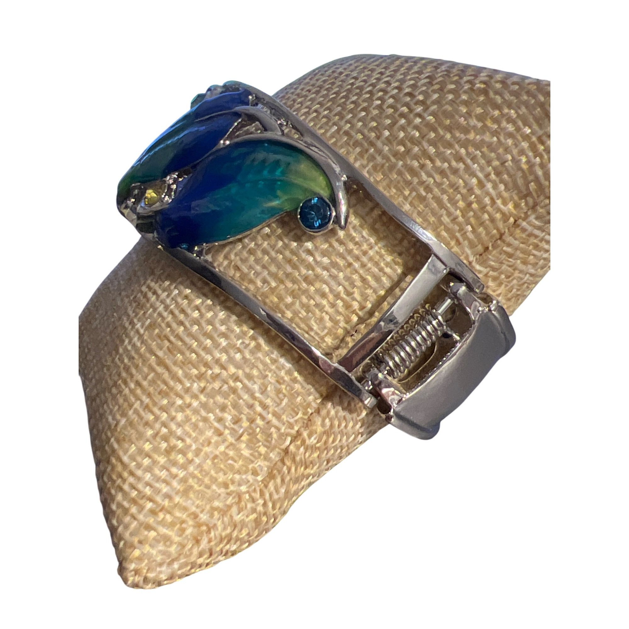 Other Silver Tone Clamper Bracelet Blue Green Enamel Leaves Rhines Size ONE SIZE - 3 Thumbnail
