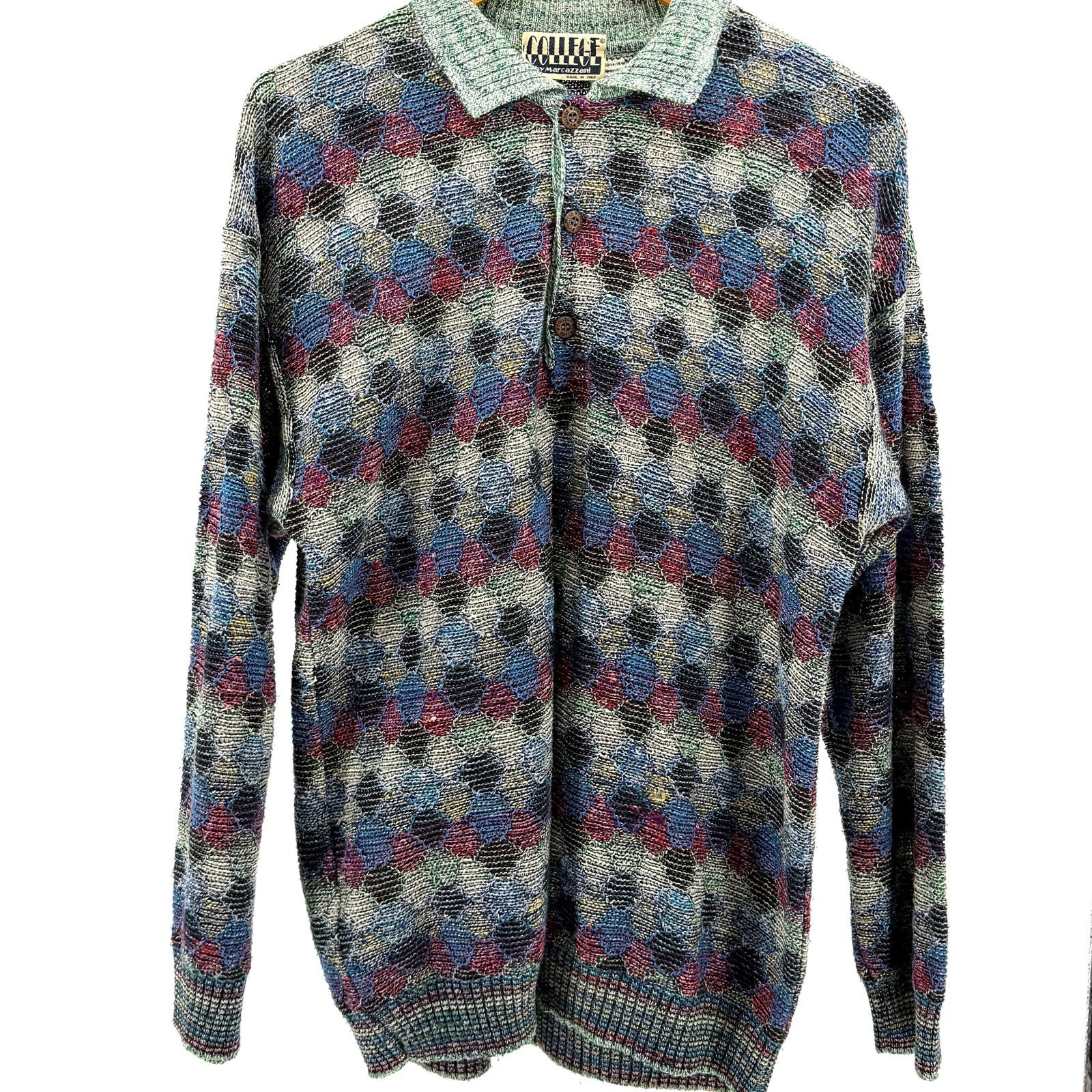 Vintage Vintage 90s Marcazzani Multi Geometric Textured Polo Sweater Size US M / EU 48-50 / 2 - 1 Thumbnail