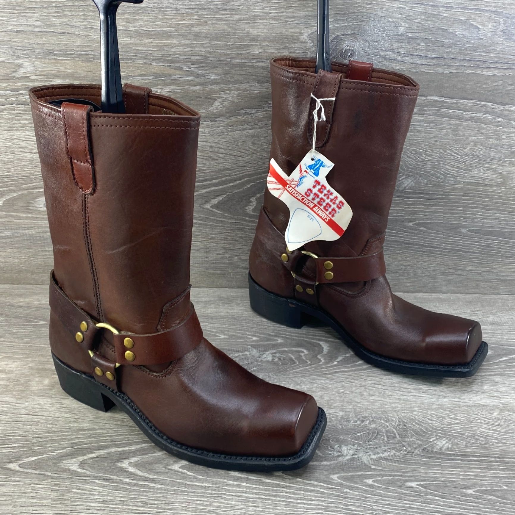 Vintage VINTAGE Texas Steer Mens 9 D Brown Leather Square Toe Harness Biker Boots Size US 9 / EU 42 - 2 Thumbnail