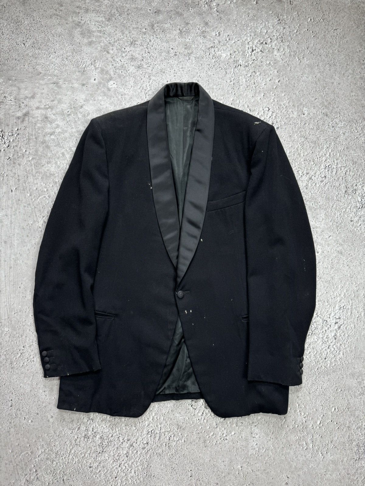 Other Vintage Black Tuxedo Blazer One Button Leather Shawl Collar Size 36R - 1 Thumbnail