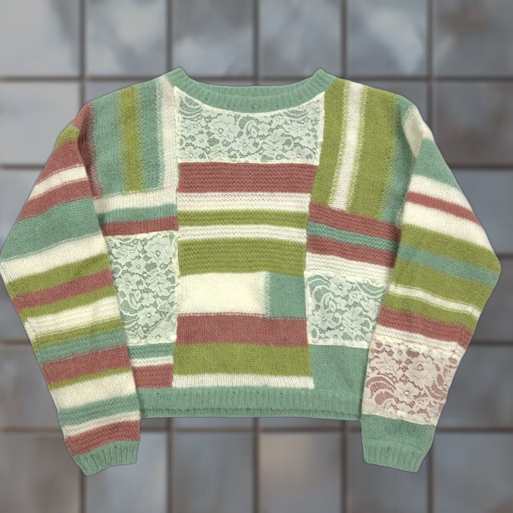 Vintage Sundance Sweater Knit Raglan Long Sleeve Patchwork Striped Lace Mohair Green Women's L Size L / US 10 / IT 46 - 1 Thumbnail