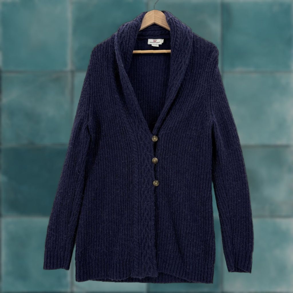 Vineyard Vines Vineyard Vines Cardigan Sweater Womens Large Blue Wool Alpaca Shawl Cable Knit V-Neck Long Sleeve Solid Knitted Pattern Button Winter Casual Womens Size L / US 10 / IT 46 - 1 Thumbnail