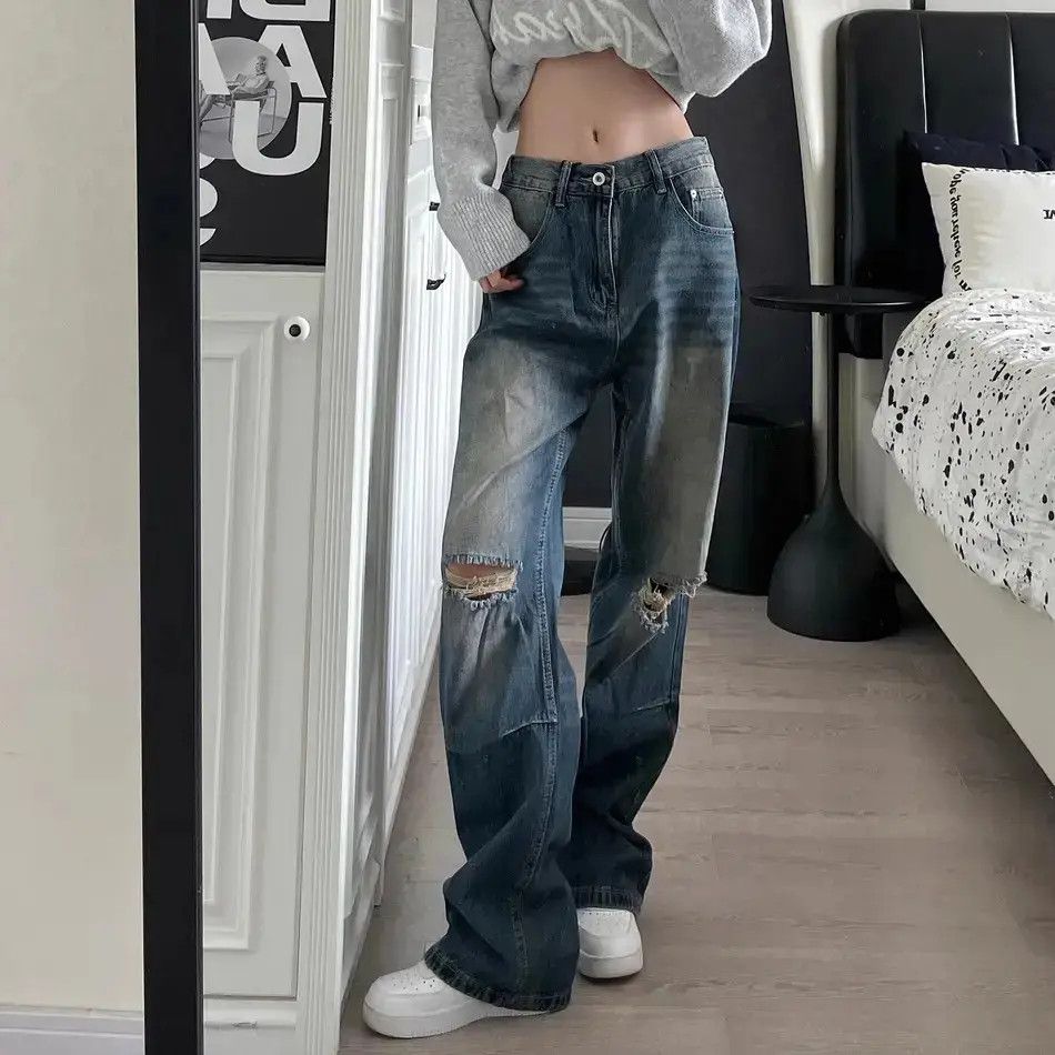 Japanese Brand Retro loose fitting straight leg distressed jeans Size US 32 / EU 48 - 6 Thumbnail