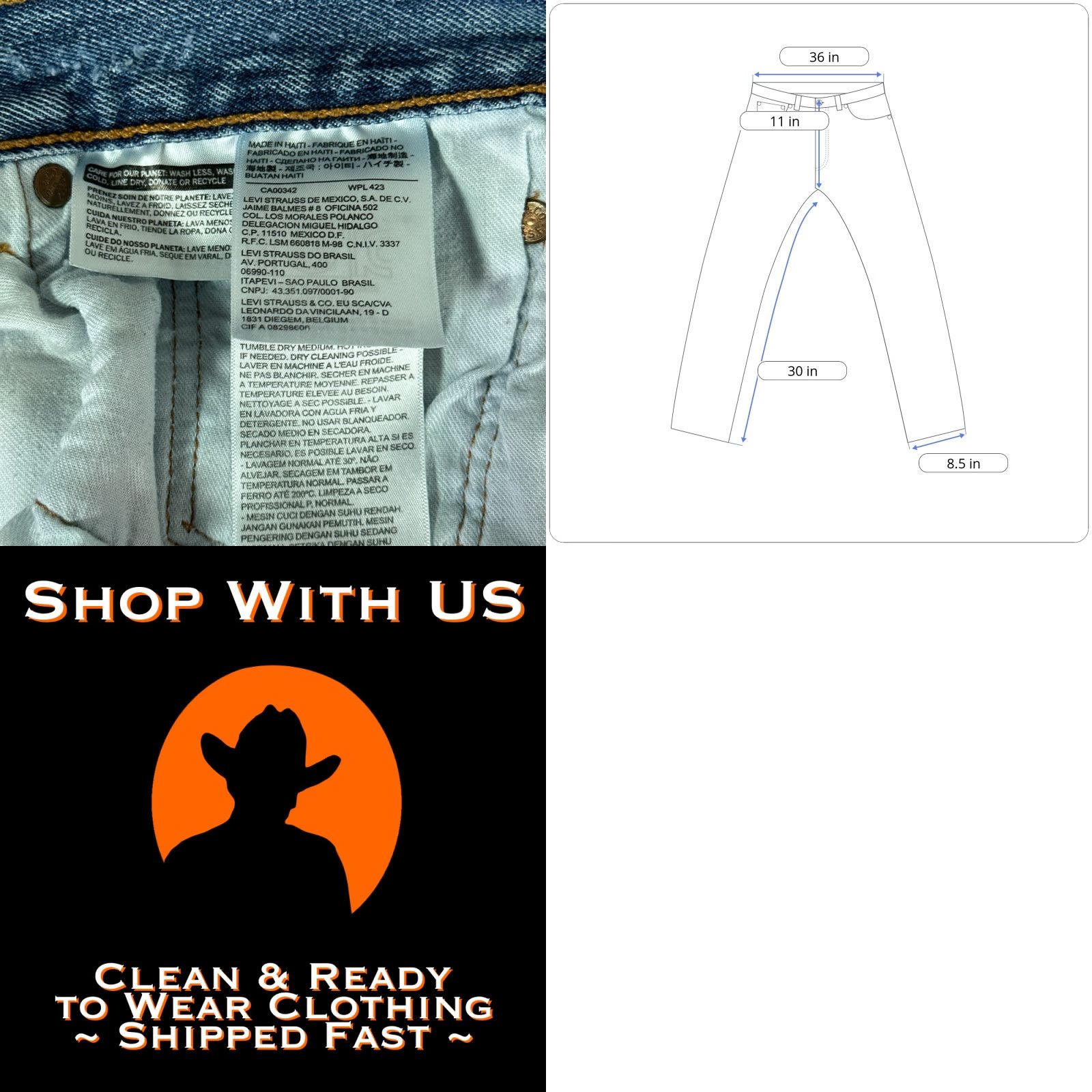 Levi's Levis 501 Jeans Mens 36x30 Blue Light Wash Straight Button Fly Cotton 38x30 Tag Size US 36 / EU 52 - 8 Thumbnail