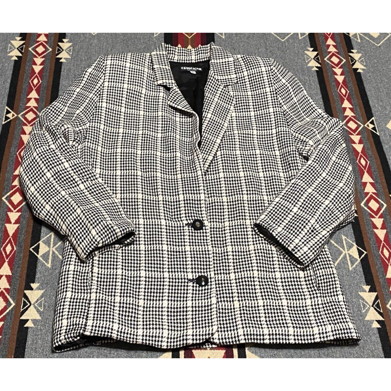 image of Vintage Criscione Womens Houndstooth Blazer Jacket Size S Wool Blend Usa Hr in White