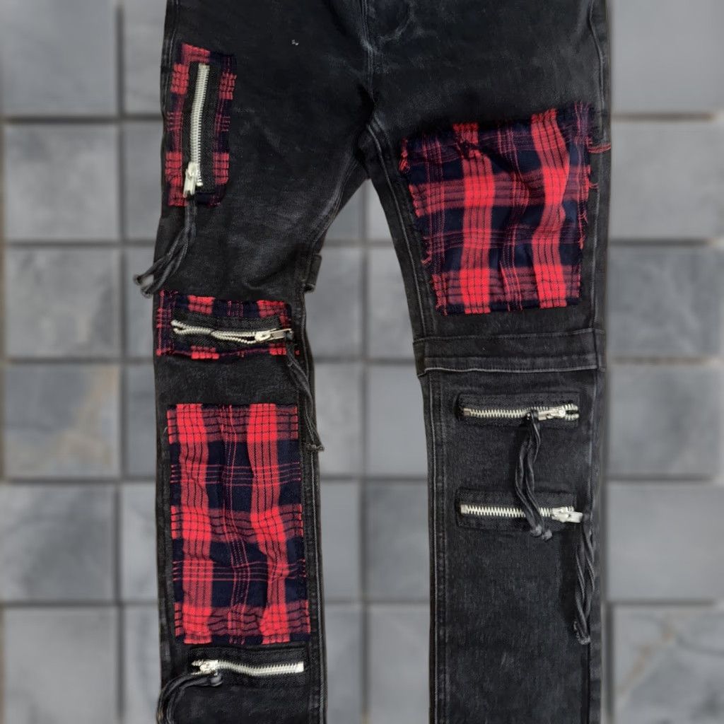 VINTAGE Hot Topic Stinger Jeans Denim Patchwork Plaid Zipper Black Red 28x32 Punk 90s 80s Mens Slim)