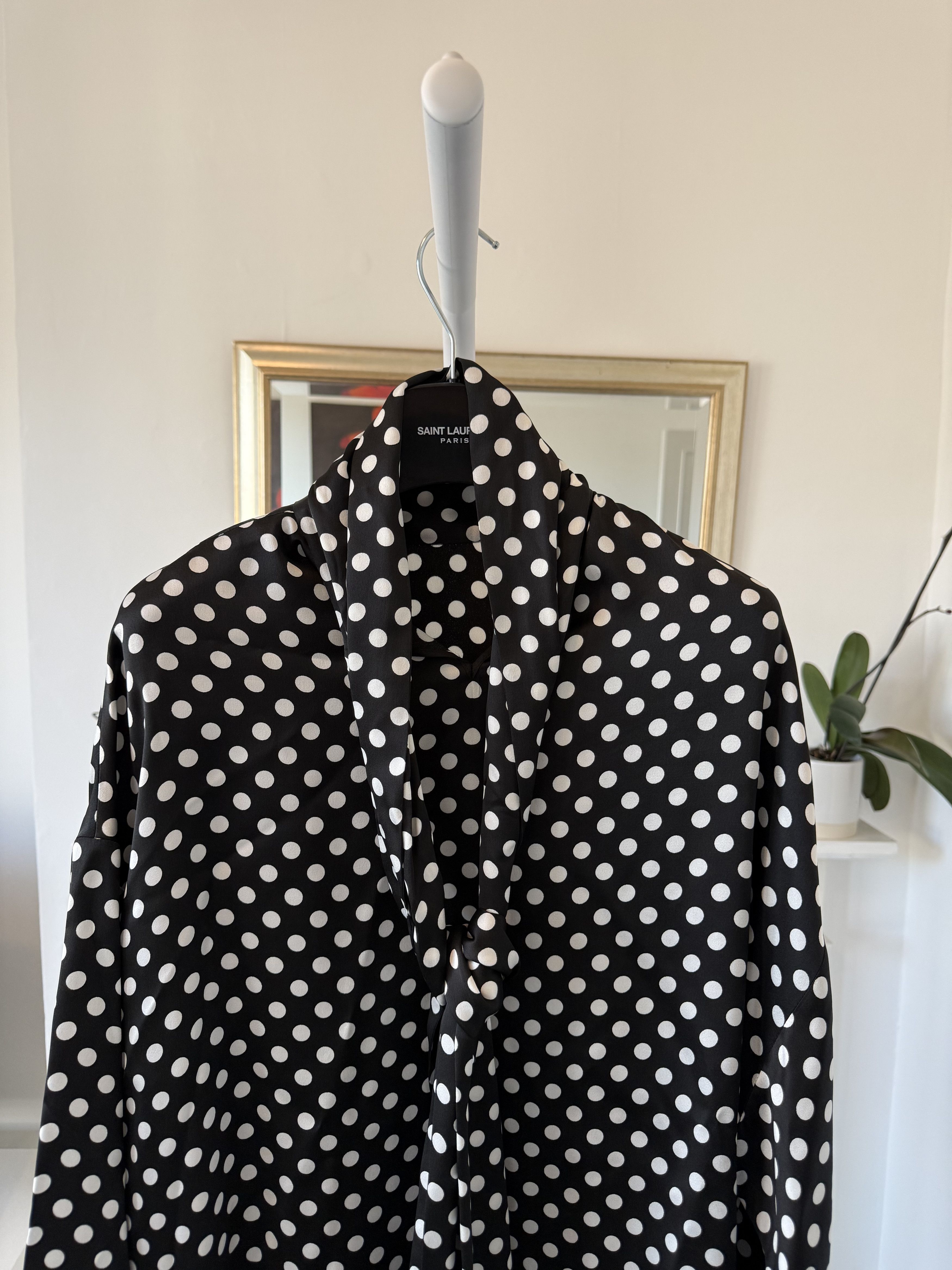 Saint Laurent Paris SS23 Saint Laurent Lavalliere-Neck Satin Polka Dot Blouse Size US L / EU 52-54 / 3 - 8 Thumbnail