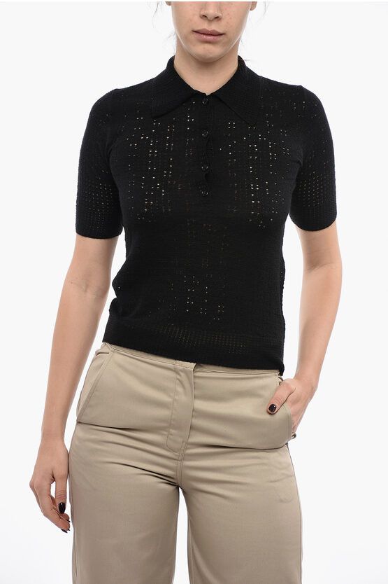 image of Chloe Short-Sleeved Perforated Silk Blend Polo in Black, Women's (Size Small)
