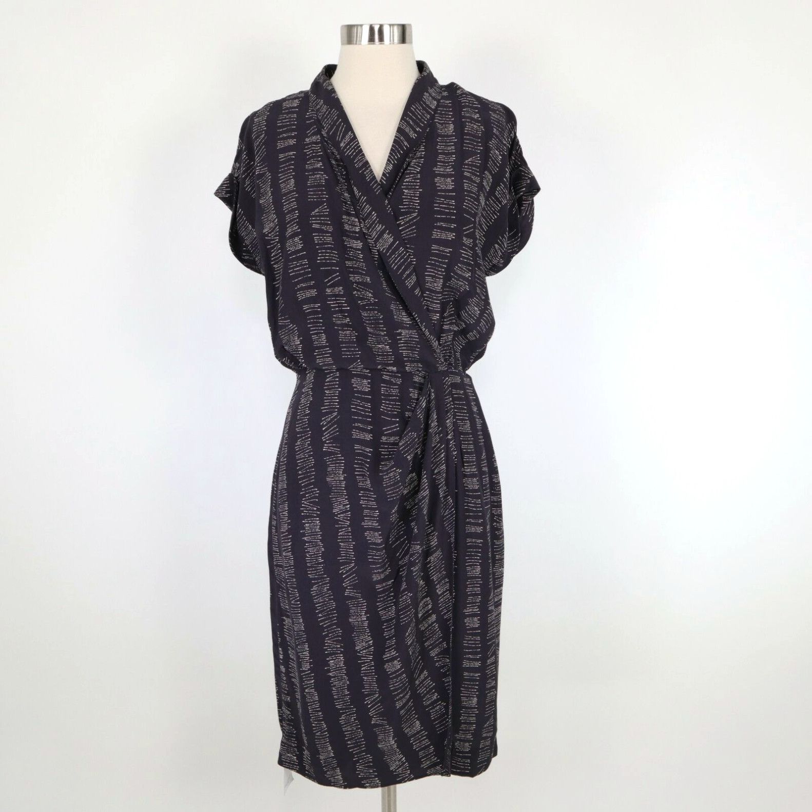 image of Vintage Mm.lafleur Faux Wrap Dress Jasmine Womens 0 New Draped V-Neck Navy Ivory $240 in White (Siz