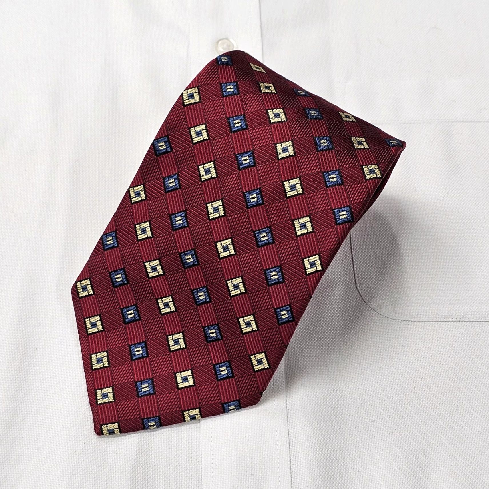 Asket VINTAGE Bruno Piattelli Silk Necktie Red Basket Weave Squares Hand Made Classic Mens Tie 57.5" X 4" Silk Necktie White? Wait. Size ONE SIZE - 2 Thumbnail