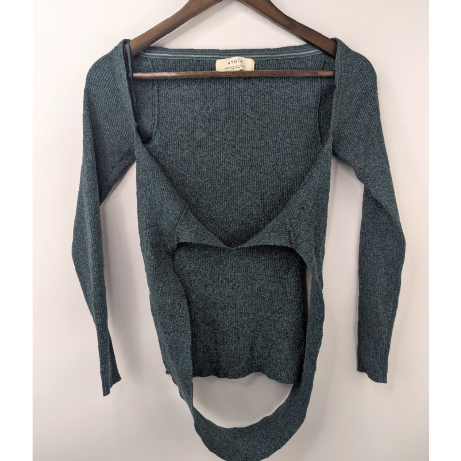 Vintage Atoir Ribbed Top XS Emerald Green Long Sleeve Tie Front Cutout Pullover Womens Sweater Size XS / US 0-2 / IT 36-38 - 2 Thumbnail