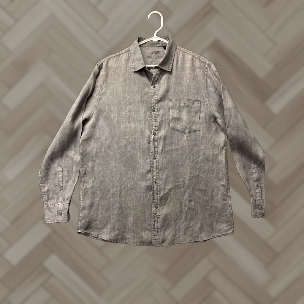 Vintage VINTAGE Raffi Men's Linen Dress Shirt Sz Large Gray Button-Up Casual Business Party Cocktail Fall Winter Spring Mens Size 42R - 1 Thumbnail