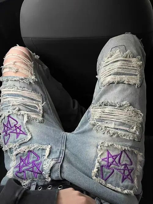 Jean Retro star heart heavy embroidery double layer patch jeans Size US 30 / EU 46 - 3 Thumbnail