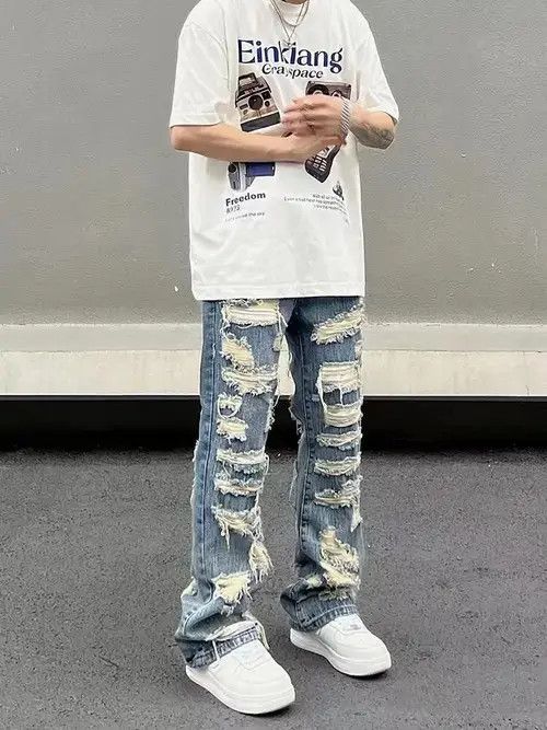 Japanese Brand × Jean Retro washed street ripped straight jeans Size US 32 / EU 48 - 4 Thumbnail