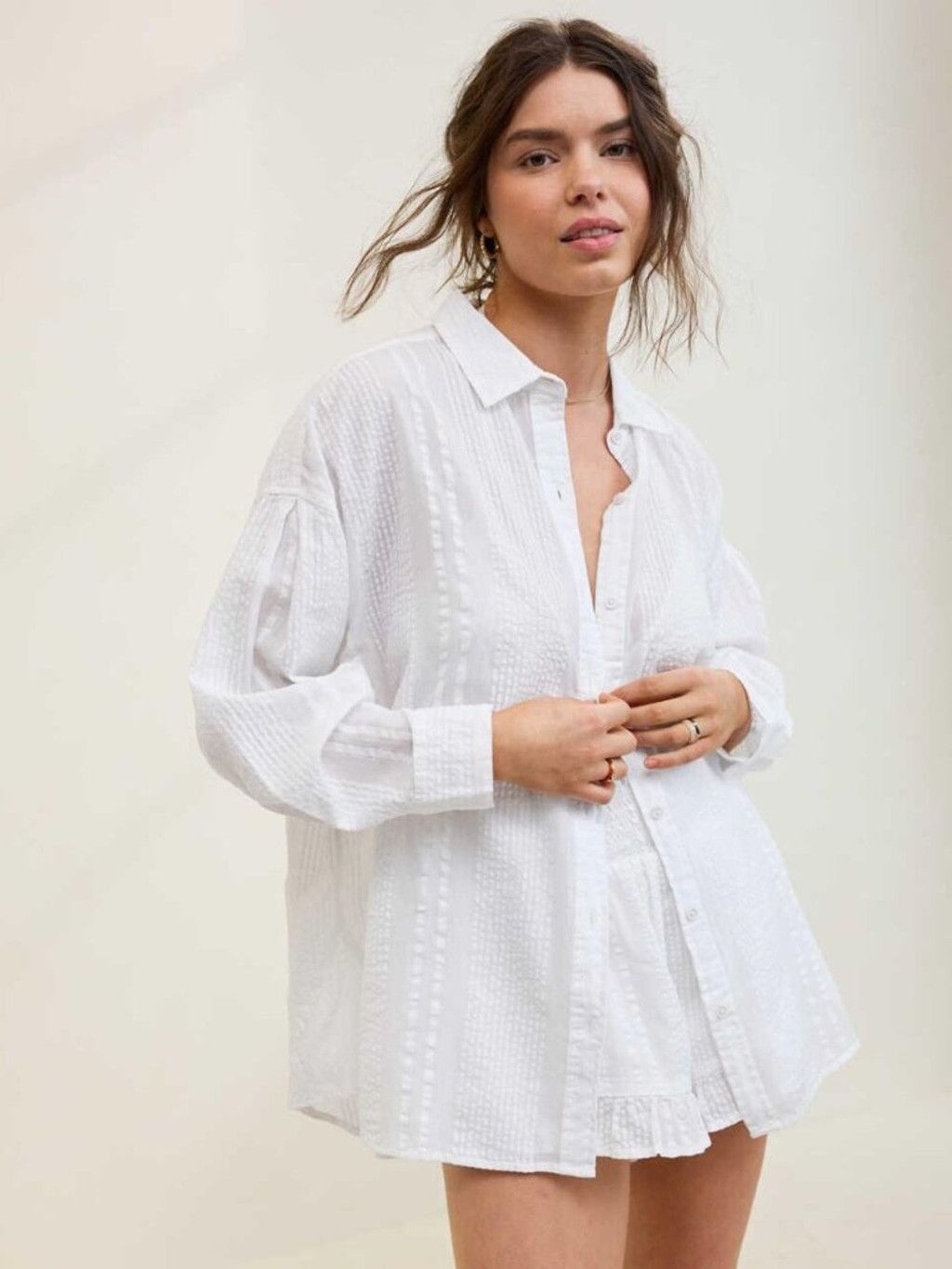 Aerie Seersucker Oversized Cover-Up Button Down Shirt M in White, Women's