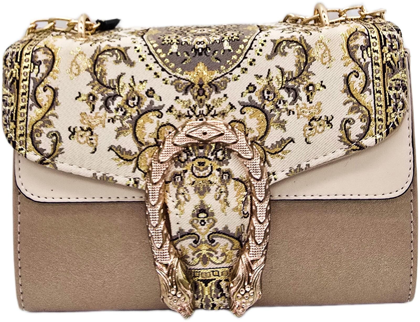 Unknown London Elegant Beige and Gold Patterned Chain Shoulder Bag Size ONE SIZE - 1 Thumbnail