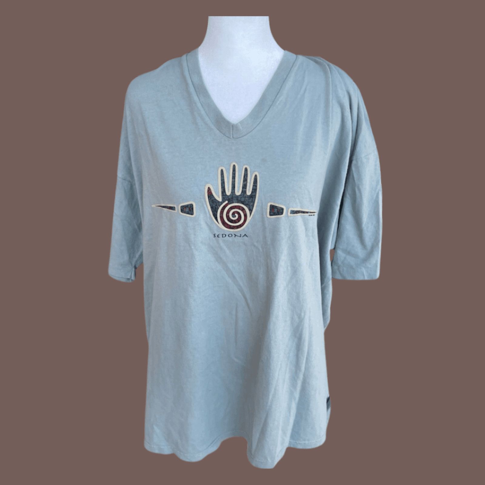 Vintage VTG V-Neck Tee | Sedona Hand Print Granite XL | 90s Made USA Size US XL / EU 56 / 4 - 1 Thumbnail