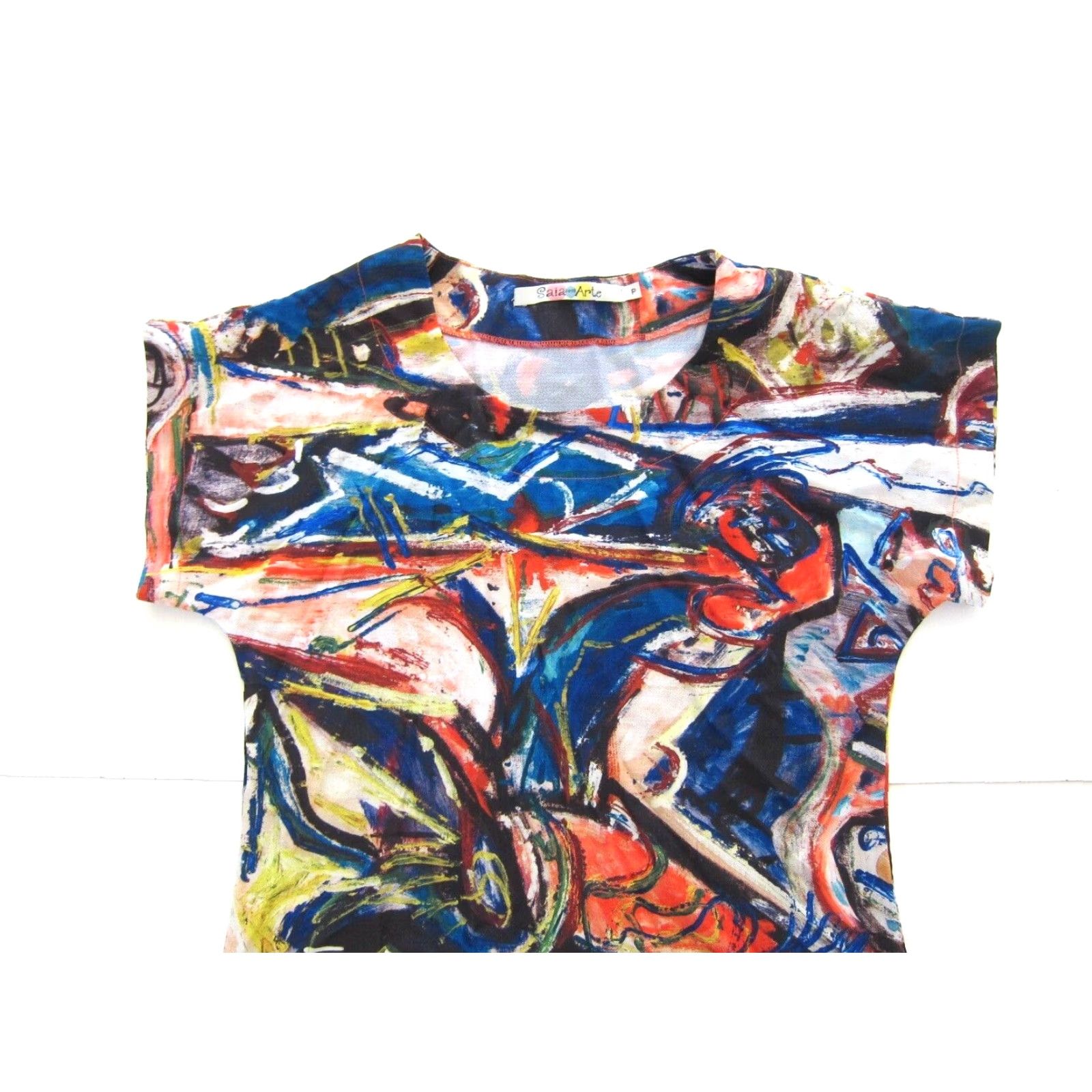 Denim & Co. VINTAGE Saia Com Arte Orange Blue Yellow Painted Art Short Sleeve Tunic Dress S-M Size 28" / US 6 / IT 42 - 3 Thumbnail