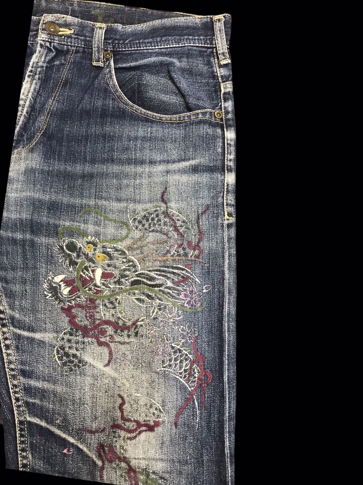 Japanese Brand 💥ART💥Very Rare Japan Dragon Embroidery Distresed Denim F29 Size US 35 - 2 Thumbnail