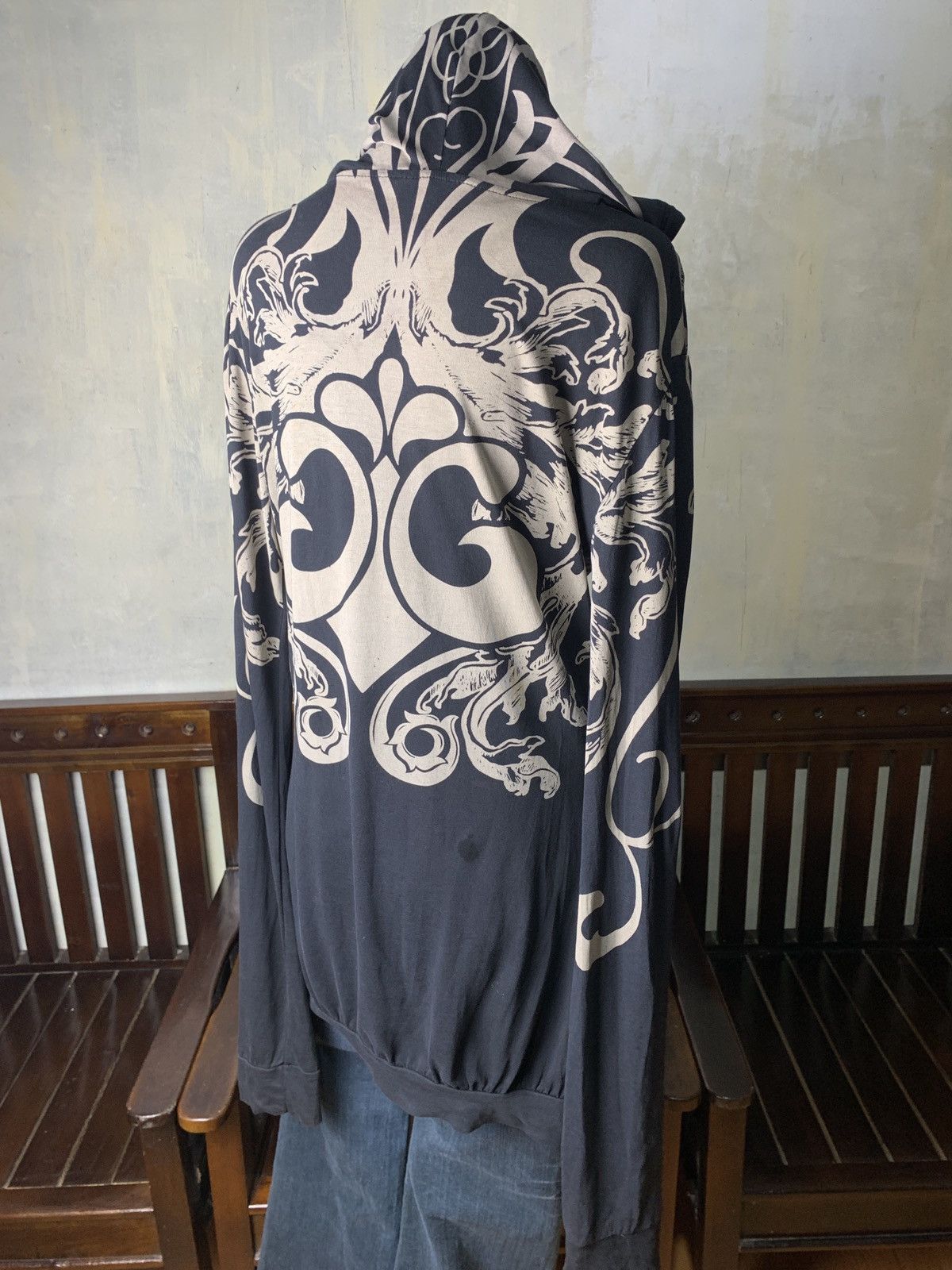 Japanese Brand y2k Dereon Black Grunge Over Print Open Chest Hoodie Size L / US 10 / IT 46 - 2 Thumbnail