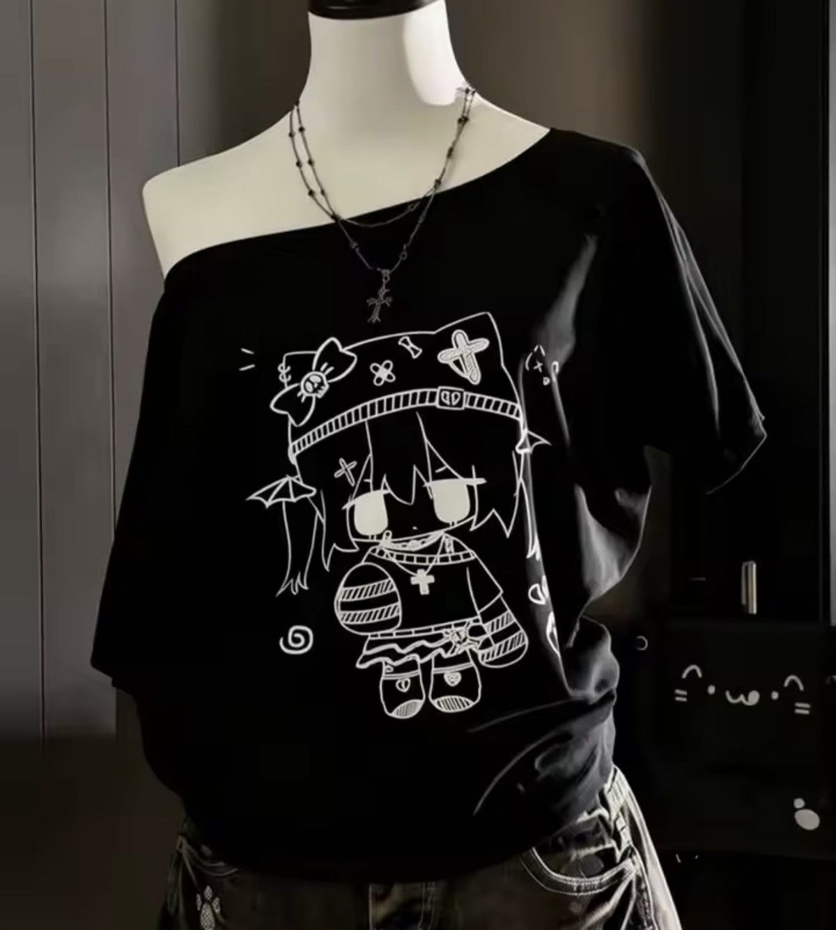 Japanese Brand Y2K Harajuku Anime Graphic Tee | One-Shoulder Oversized Top Size S / US 4 / IT 40 - 1 Thumbnail