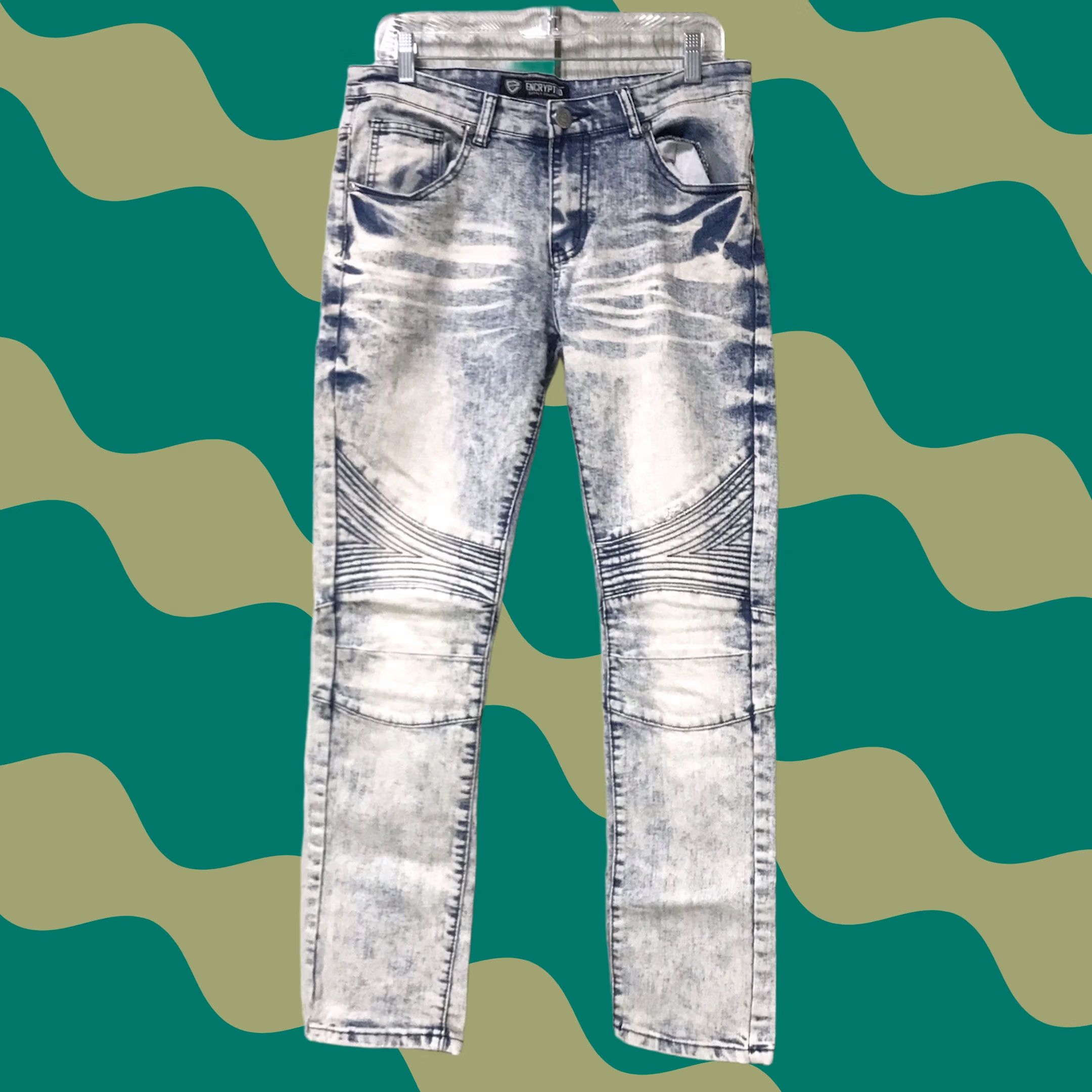 Denime Encrypted Men Jeans Skinny Denim Distressed Light Blue Acid Wash 32/32 5-Pocket 90s Grunge Hipster Rock Punk Slim Beltless? Size US 32 / EU 48 - 1 Thumbnail