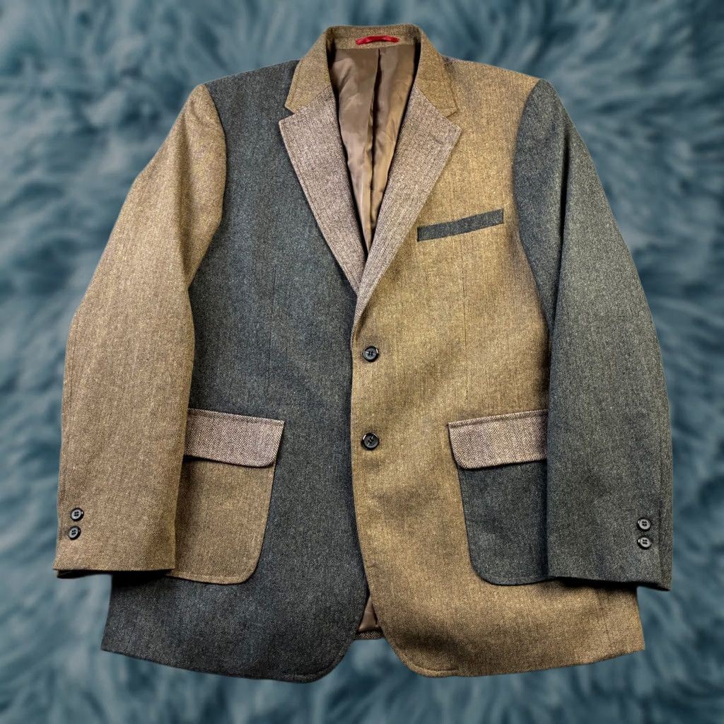 Vintage Alan Flusser Sport Coat Mens Large Brown Patchwork Herringbone Jacket Size US L / EU 52-54 / 3 - 1 Thumbnail