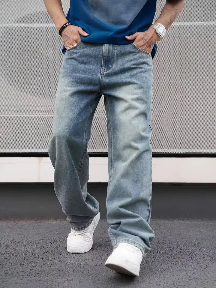 Other Streetwear Casual Light Blue Straight Baggy Jeans Retro Size US 37 - 1 Thumbnail