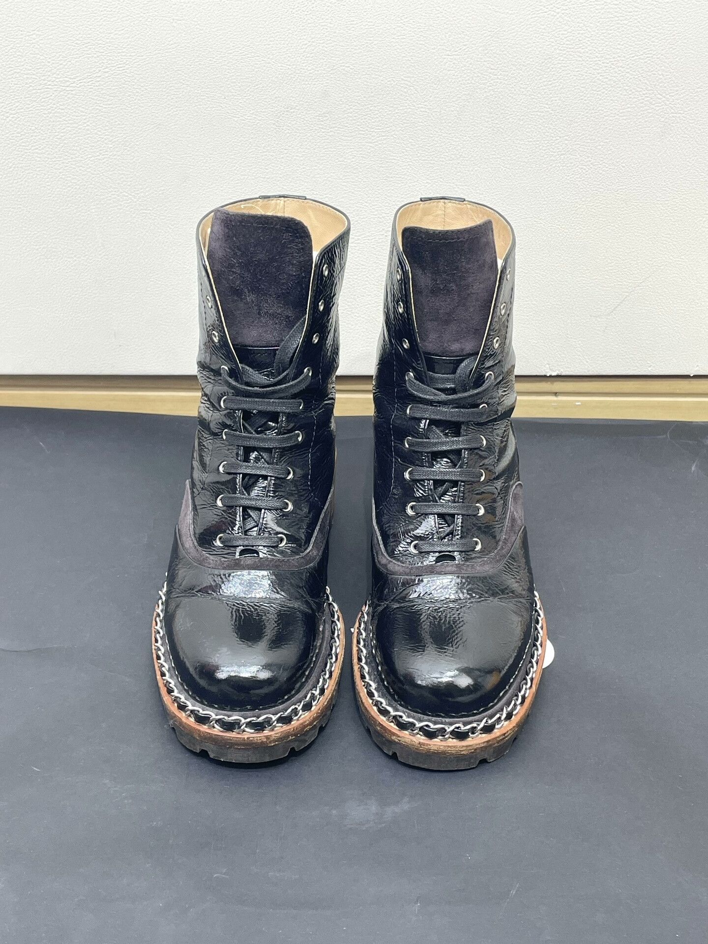 Chanel Chanel Black Patent Leather Chain Boots Size US 4 / IT 34 - 1 Thumbnail