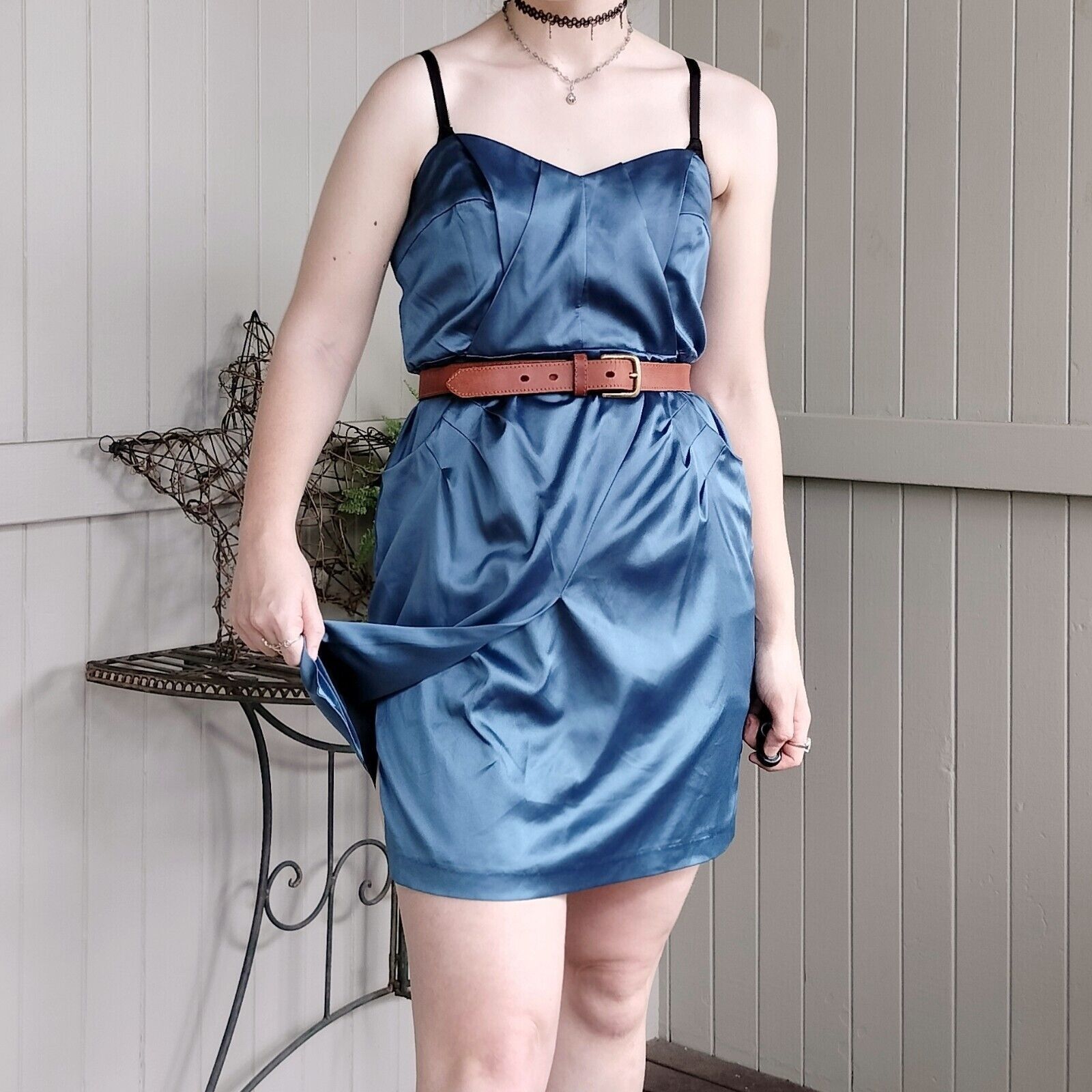 Designer Vintage Cooper St Dress Satin Mini A Line Pleated Evening Size L / US 10 / IT 46 - 6 Thumbnail