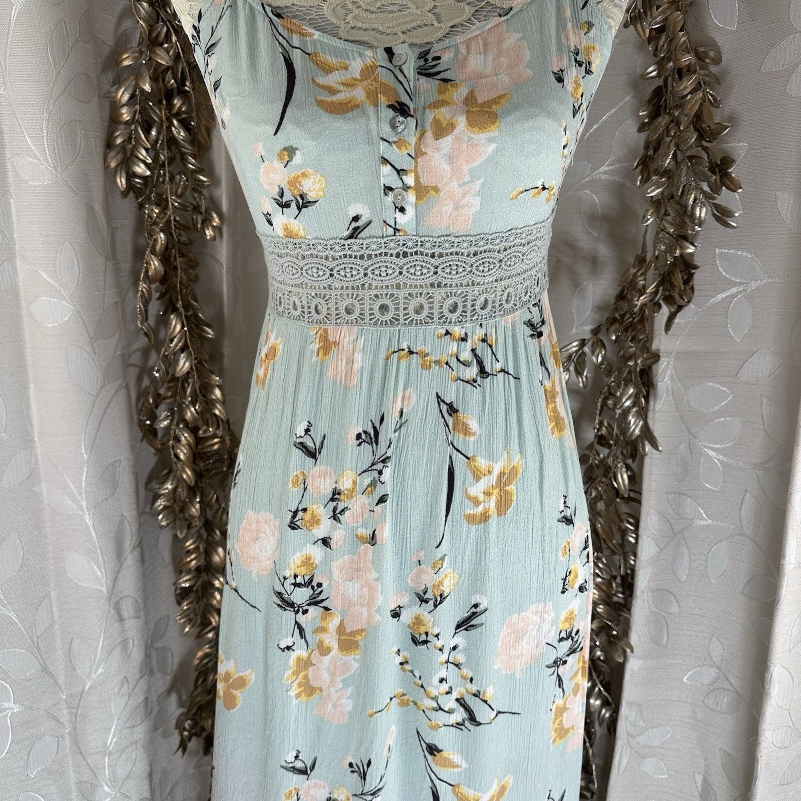 Forever 21 Forever 21 Women’s M Aqua Floral Maxi Dress Crochet Waist Size M / US 6-8 / IT 42-44 - 7 Thumbnail