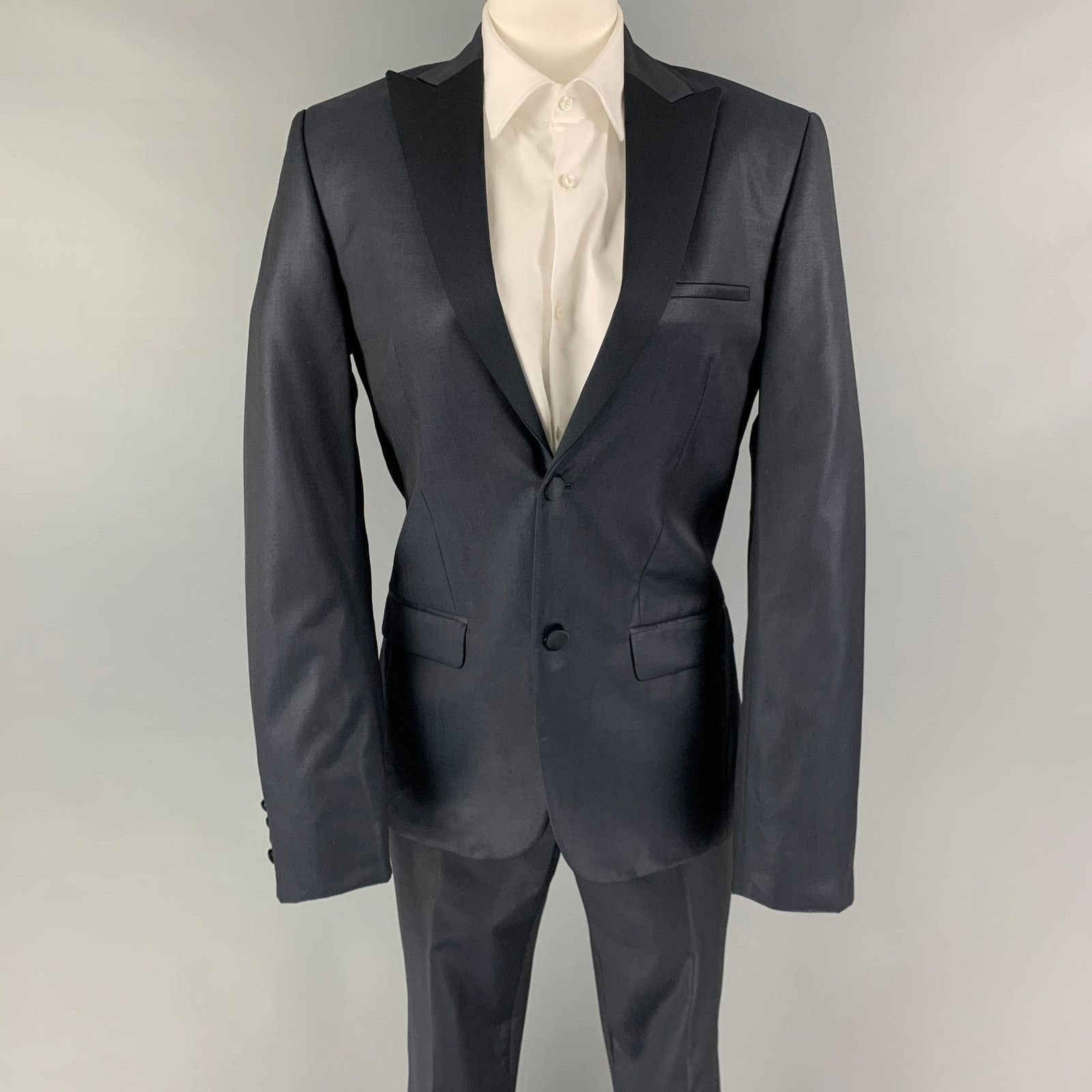 Calvin Klein Size 34 Navy Black Wool Peak Lapel Tuxedo Suit Size 34R - 1 Thumbnail