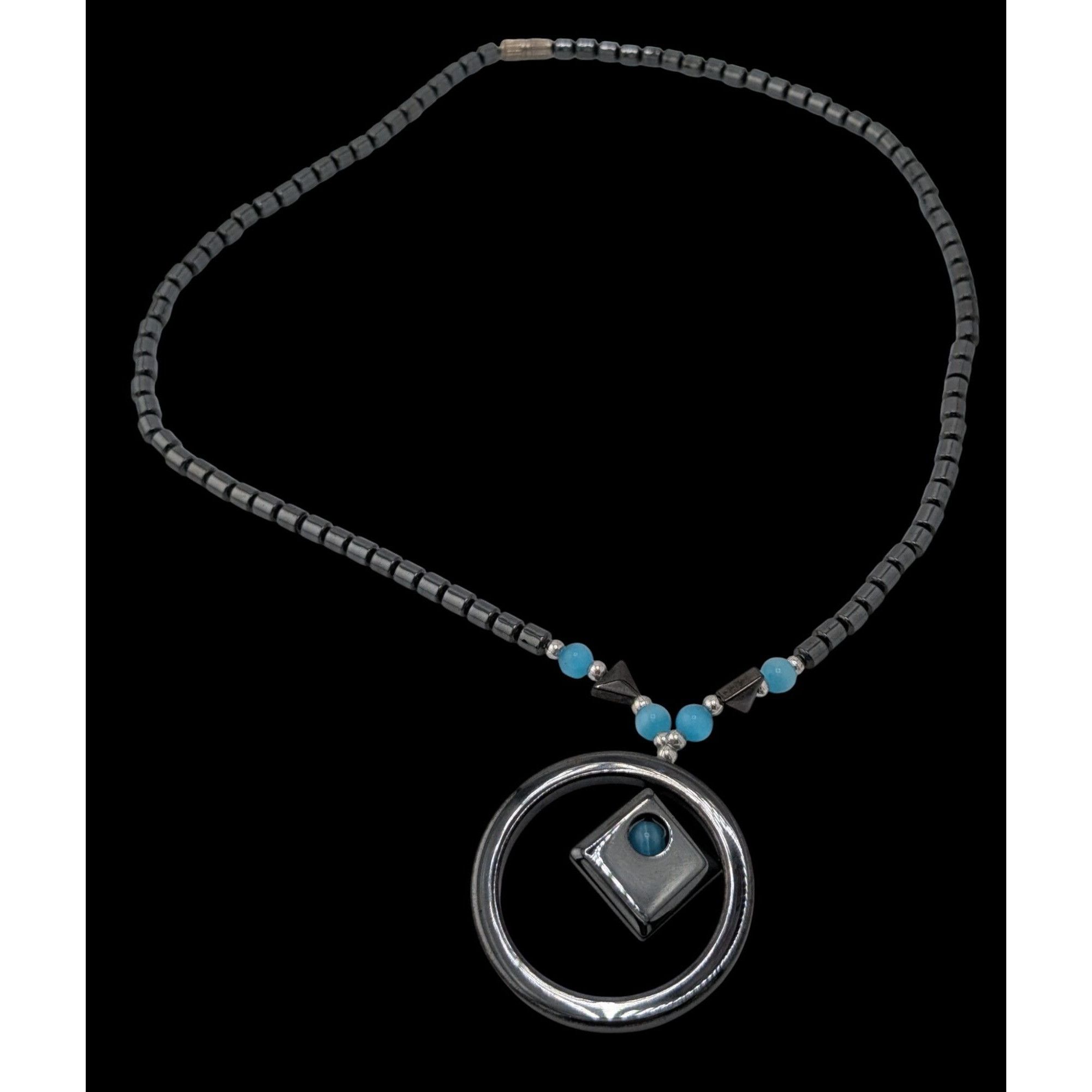 Other Hematite Geometric Beaded Pendant Necklace With Blue Cateye Size ONE SIZE - 1 Thumbnail