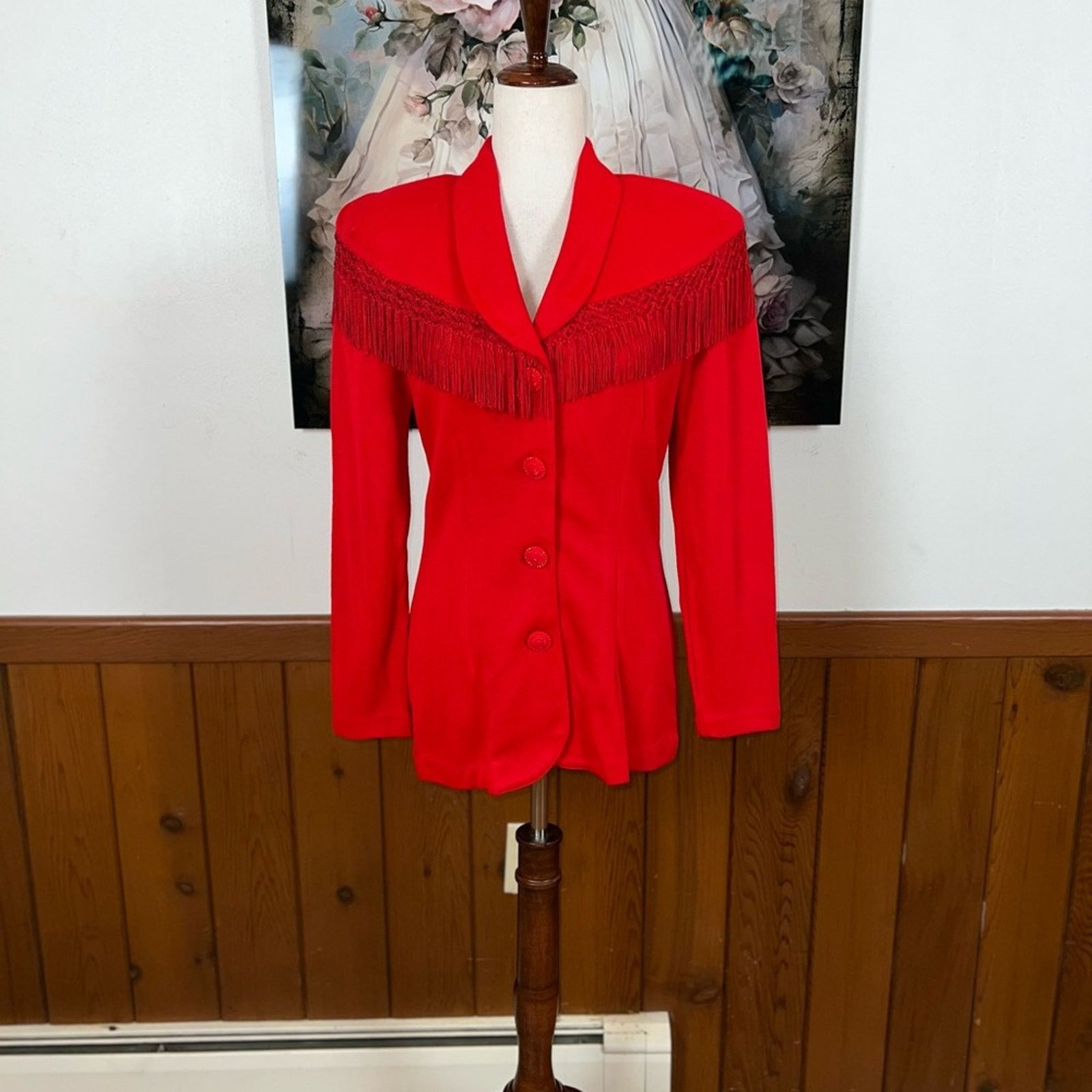 Vintage Funky Vintage 1980s D’Knits Red Fringed Blazer! Size M / US 6-8 / IT 42-44 - 2 Thumbnail