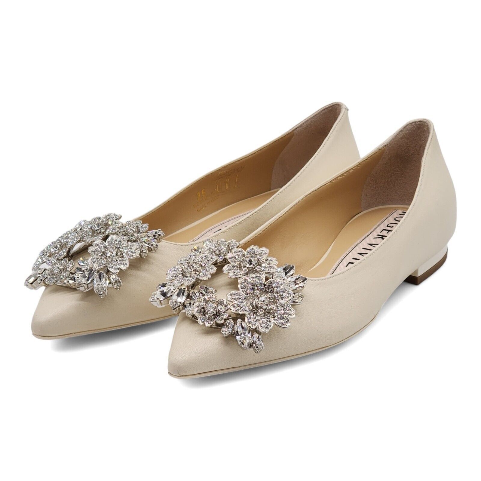 Flower Strass Leather Ballet Flats in Beige IT 37 US 7 $1650