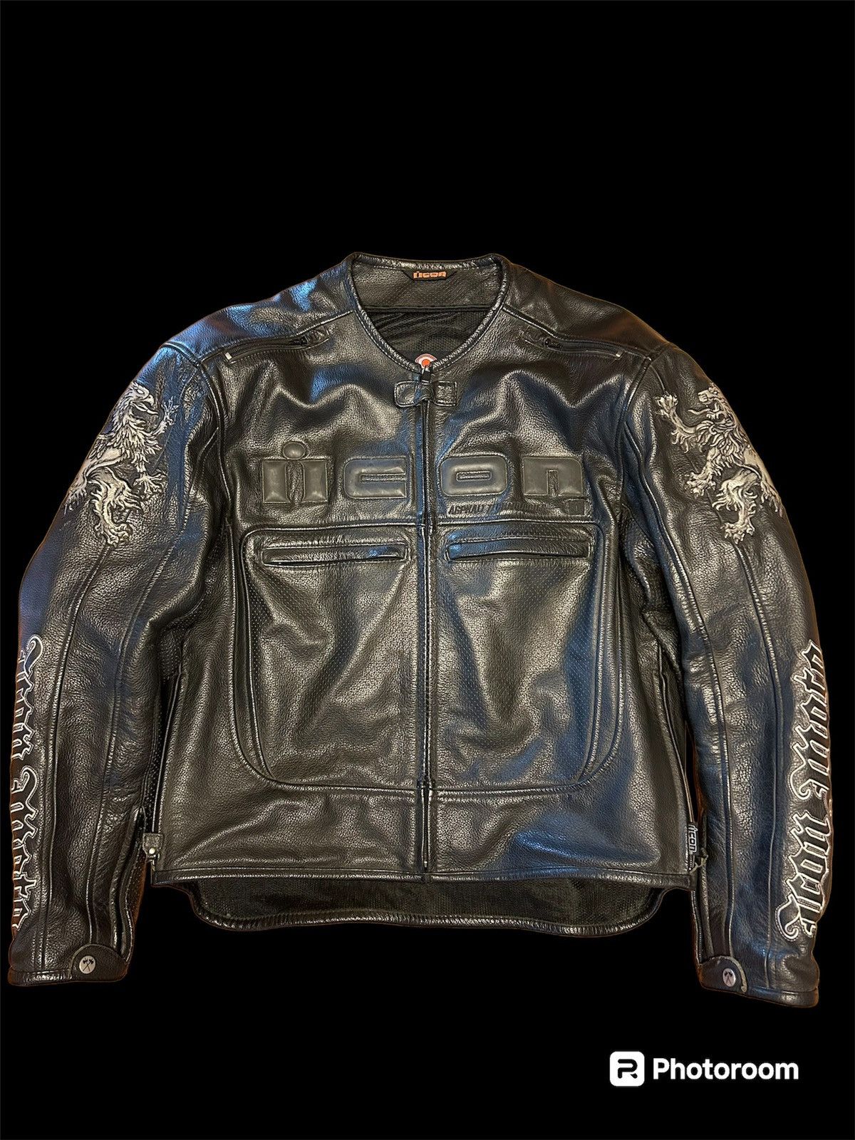 image of Authentic Icon x Leather Jacket Crazy Icon Moto Embroidered Padded Heavy Leather Jacket in Black (S