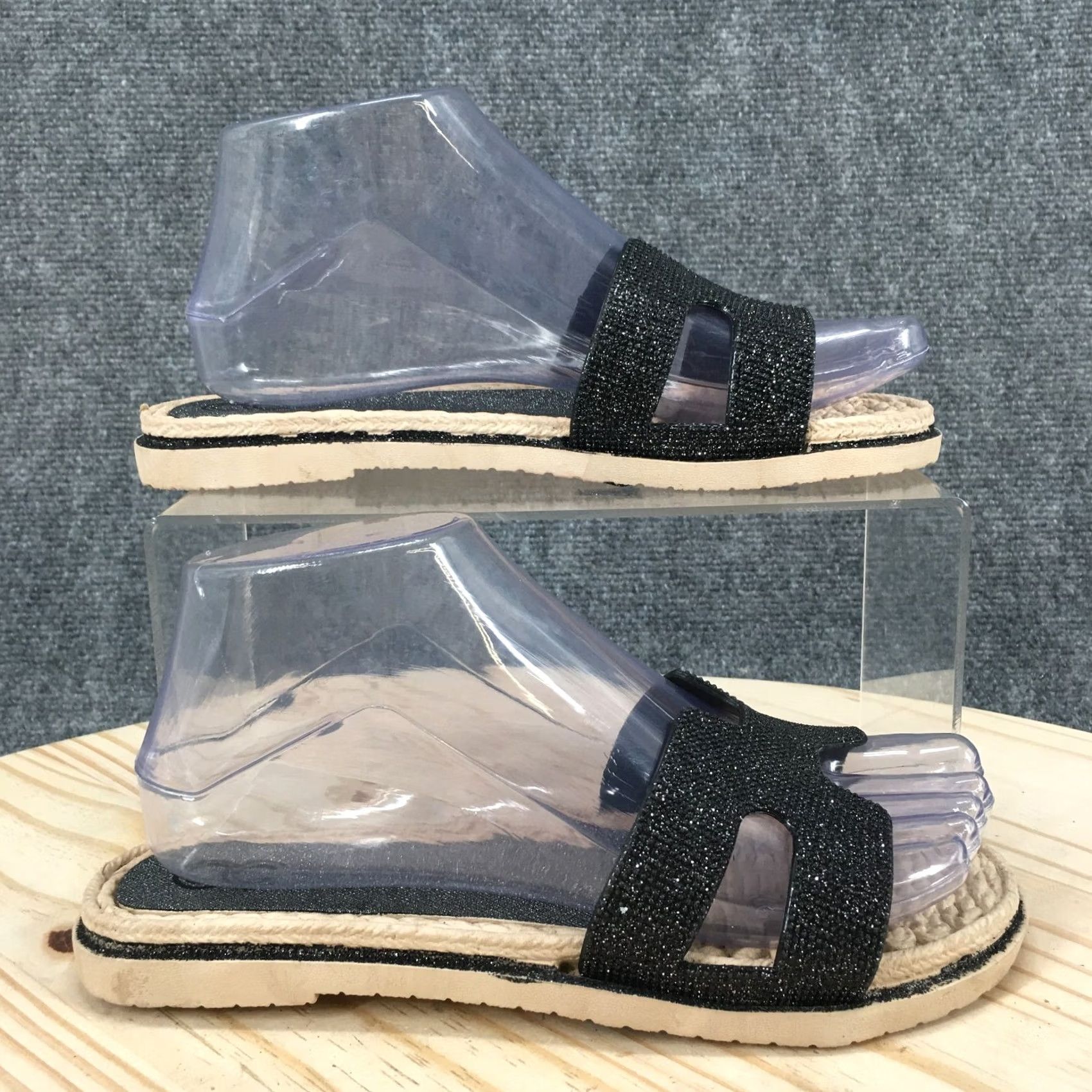 Vintage Cindy Claire Sandals Womens 38 Slide Flats Slip On CC Logo Black Glitter Open Toe Womens Shoes Slips On Sandals Low Heel Flat Casual Size US 8 / IT 38 - 2 Thumbnail