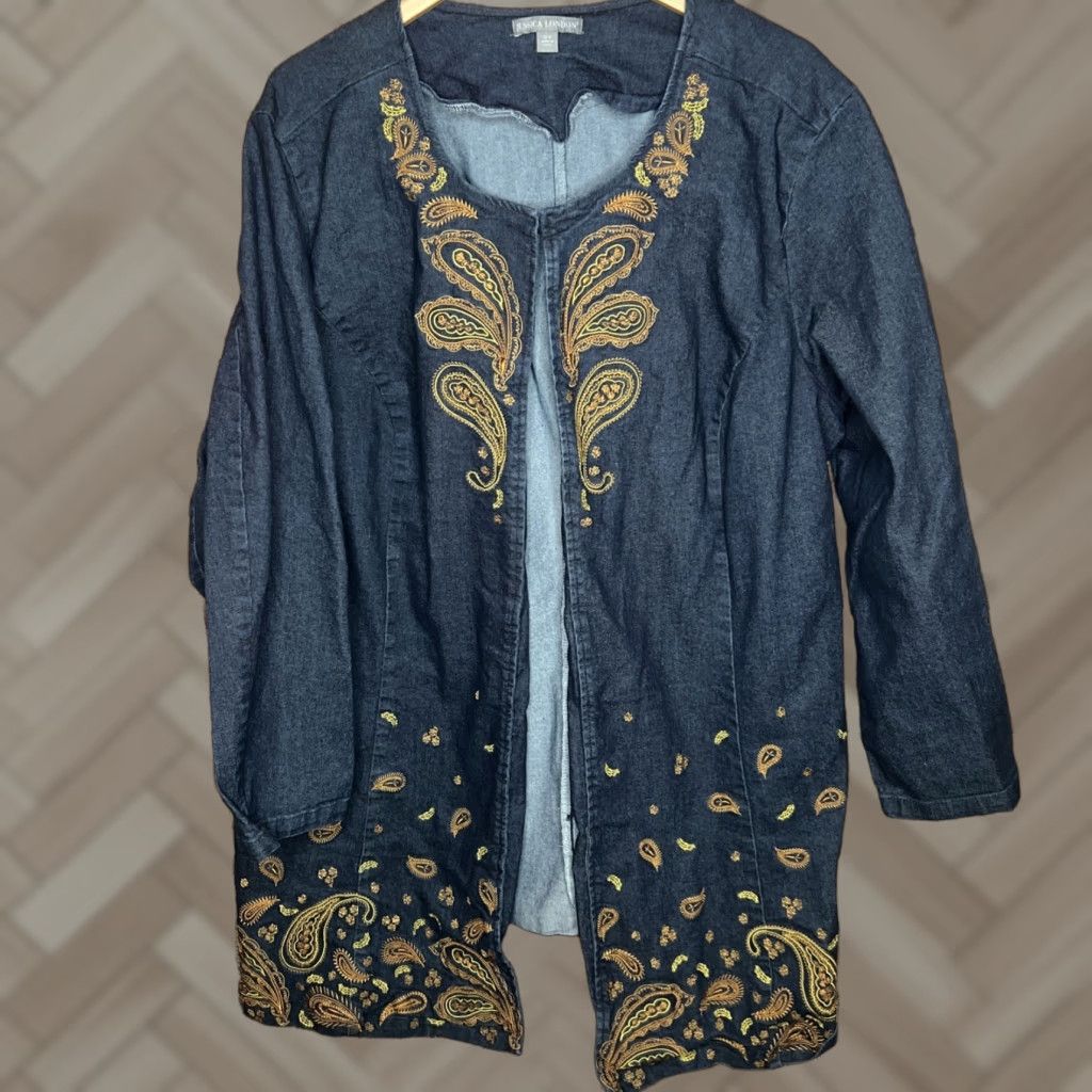 Vintage Jessica London Jacket Denim Embroidered 28W Plus Long Sleeve Hook & Eye Denim Jacket Blue 90s Classic Womens Size 4XL / US 24-26 - 1 Thumbnail