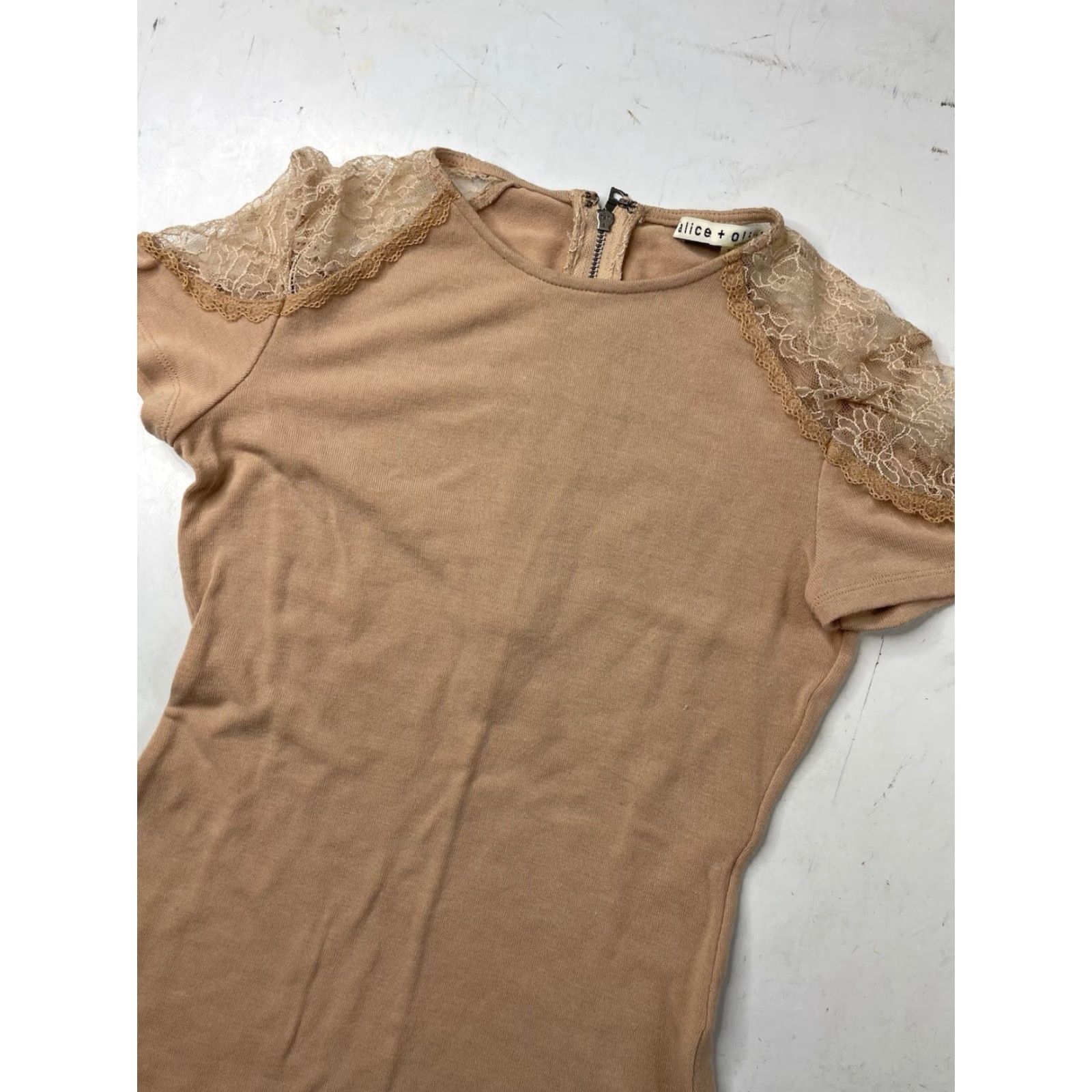 Alice + Olivia Alice + Olivia Lace Shirt Womens XS Dusty Pink Cap Sleeve Zip Back Round Neck Embroidered Zipper Casual Party Wedding Size XS / US 0-2 / IT 36-38 - 2 Thumbnail
