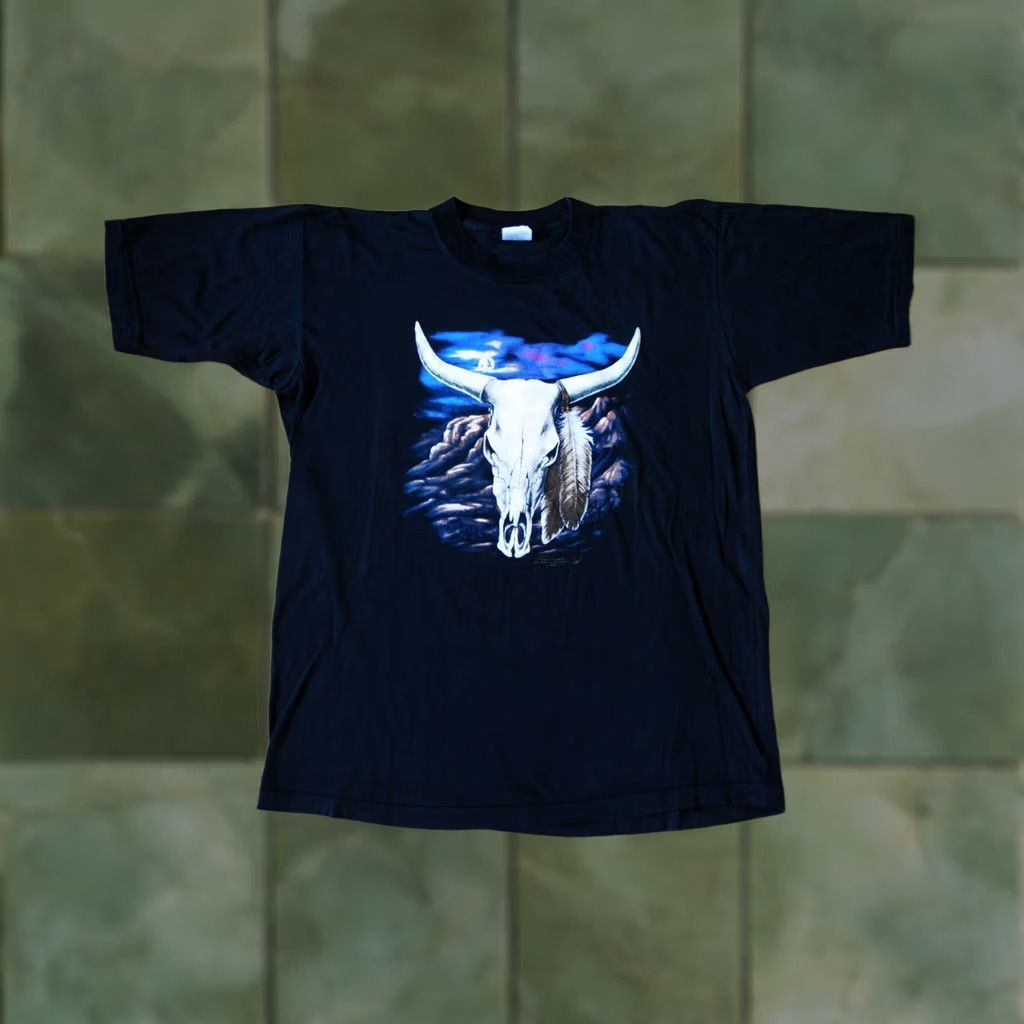 Vintage VINTAGE 3D EMBLEM COW SKULL T-SHIRT XL BLACK Mens T-shirt 100% COTTON 1989 TRINITY PRODUCTS 5 STAR Size US XL / EU 56 / 4 - 1 Thumbnail