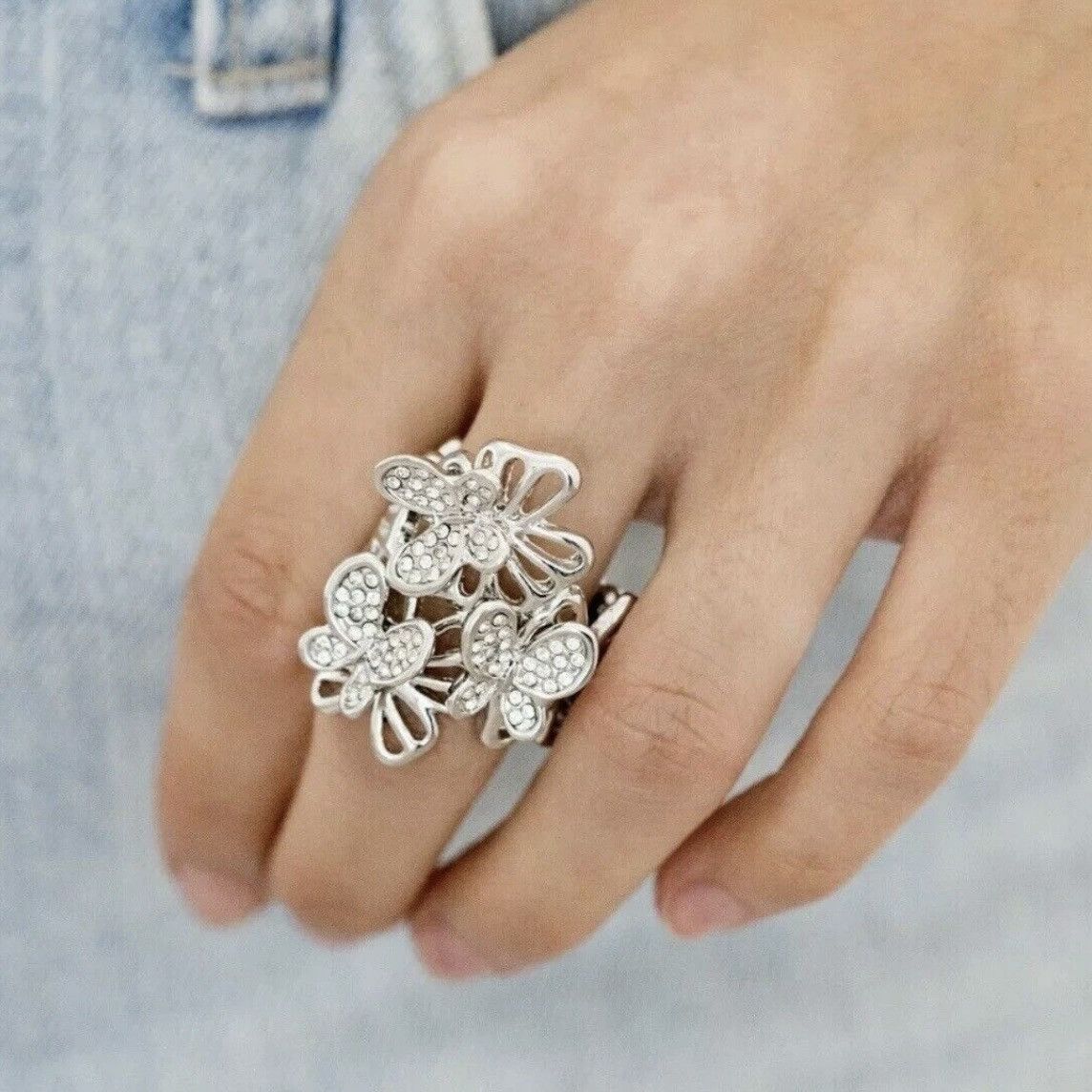 Other Silver tone butterfly trio rhinestone stretch ring Size ONE SIZE - 2 Thumbnail