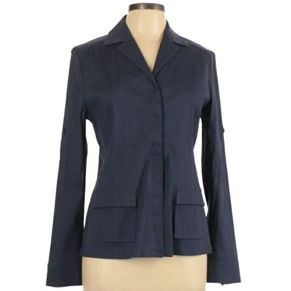 Tahari Linen Blazer L Jacket Linen Dark Wash Long Tab Sleeve