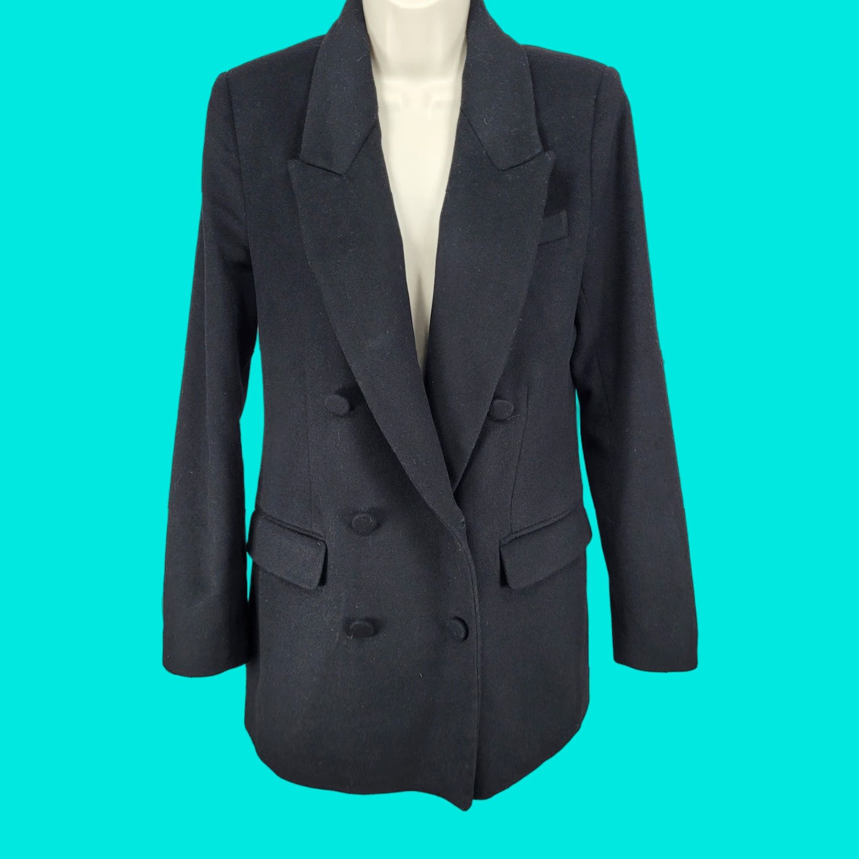 Zara Zara Woman Black Wool Blend Double Breasted Peak Blazer Jacket Pea Coat S Size S / US 4 / IT 40 - 1 Thumbnail