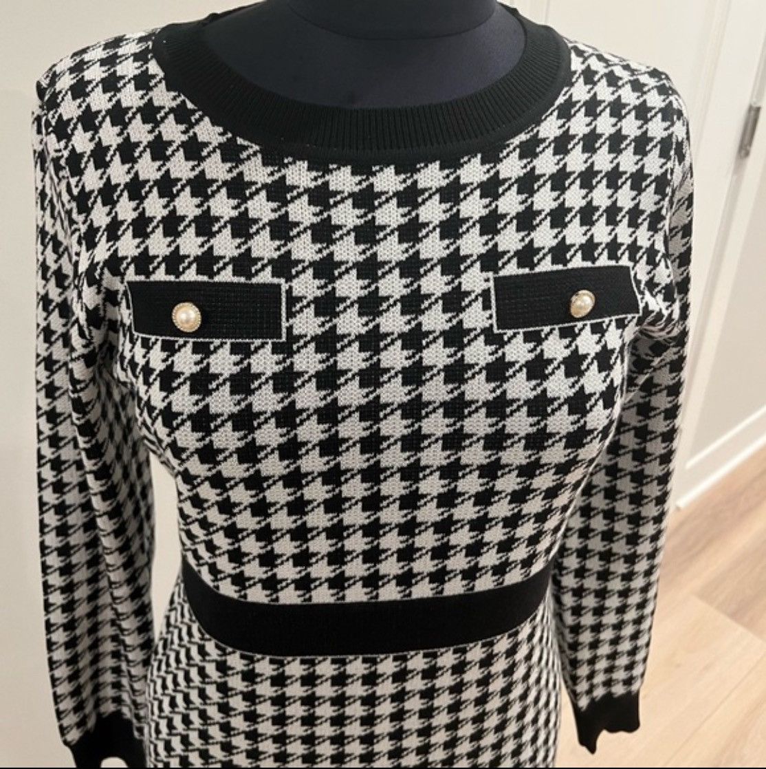 Other New Black & White Stretch Houndstooth Sweater Dress sz L. Size L / US 10 / IT 46 - 3 Thumbnail
